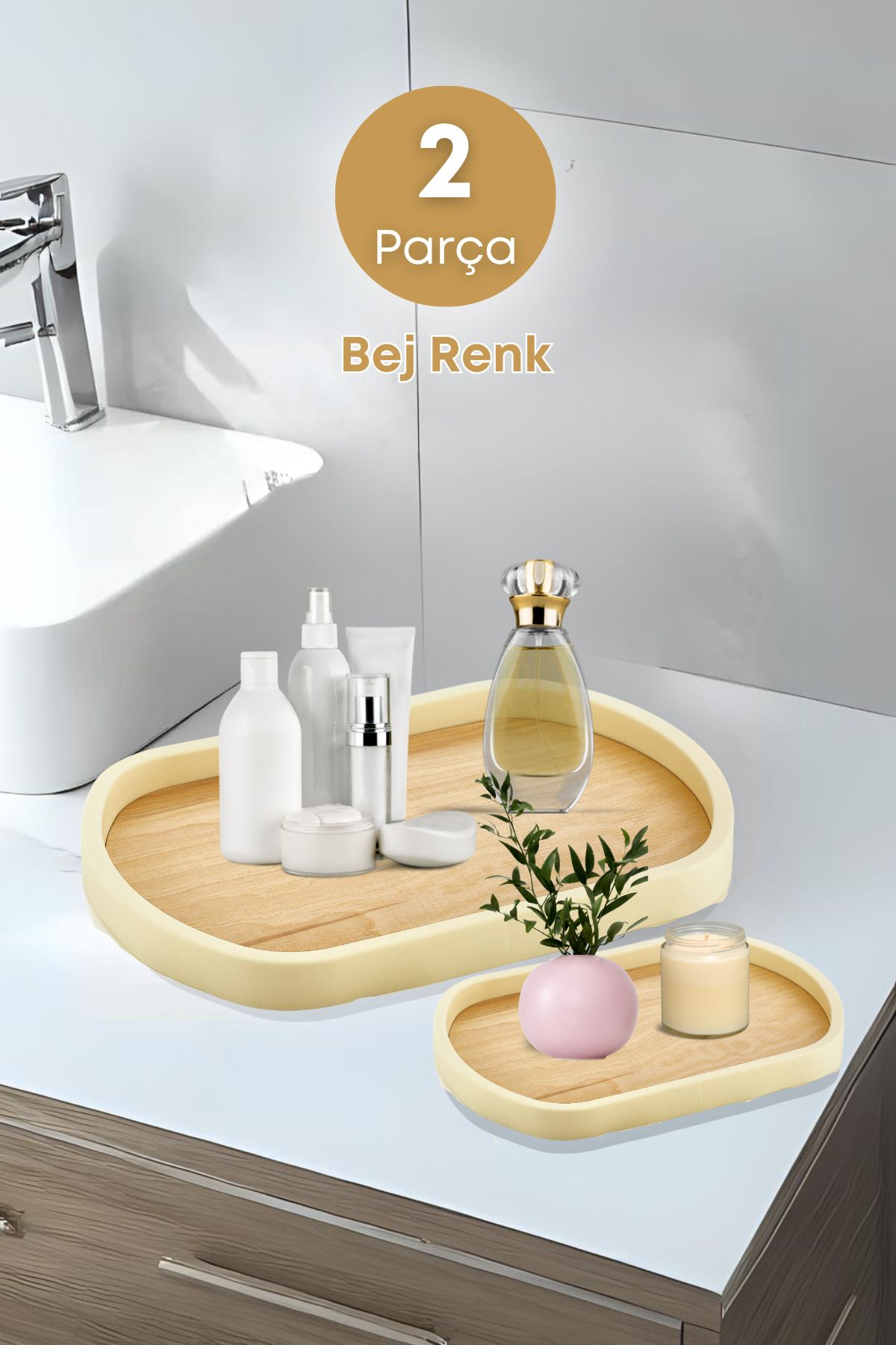 GRİMOR Life 2 Li Ahşap Kayın Oval Dekoratif Sunum Tepsisi- Banyo Tepsisi, Dekoratif Sehpa Tepsisi- Bej