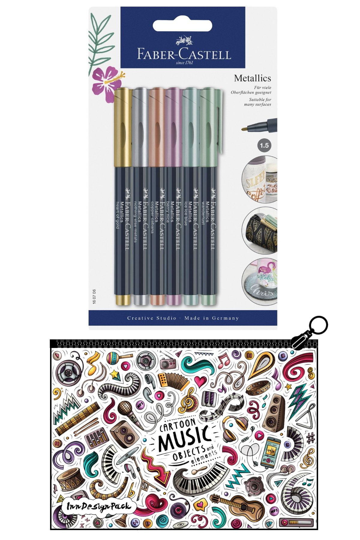 Faber Castell Faber Kalın Uçlu Metalik Keçe Kalem 6 Renk Set + Boyanabilir Kalem Kutu Music