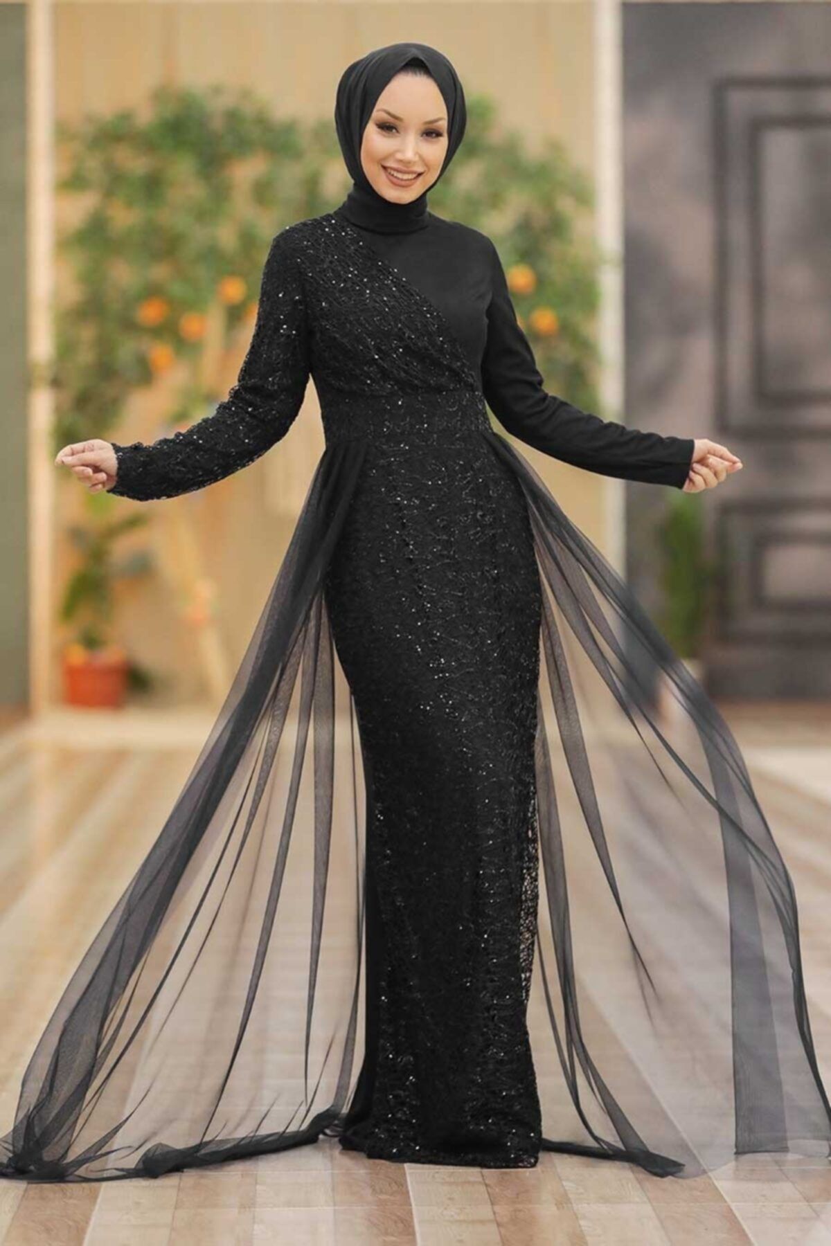 Neva Style Tesettürlü Abiye Elbise - Pul Payetli Siyah Tesettür Abiye Elbise 5345s