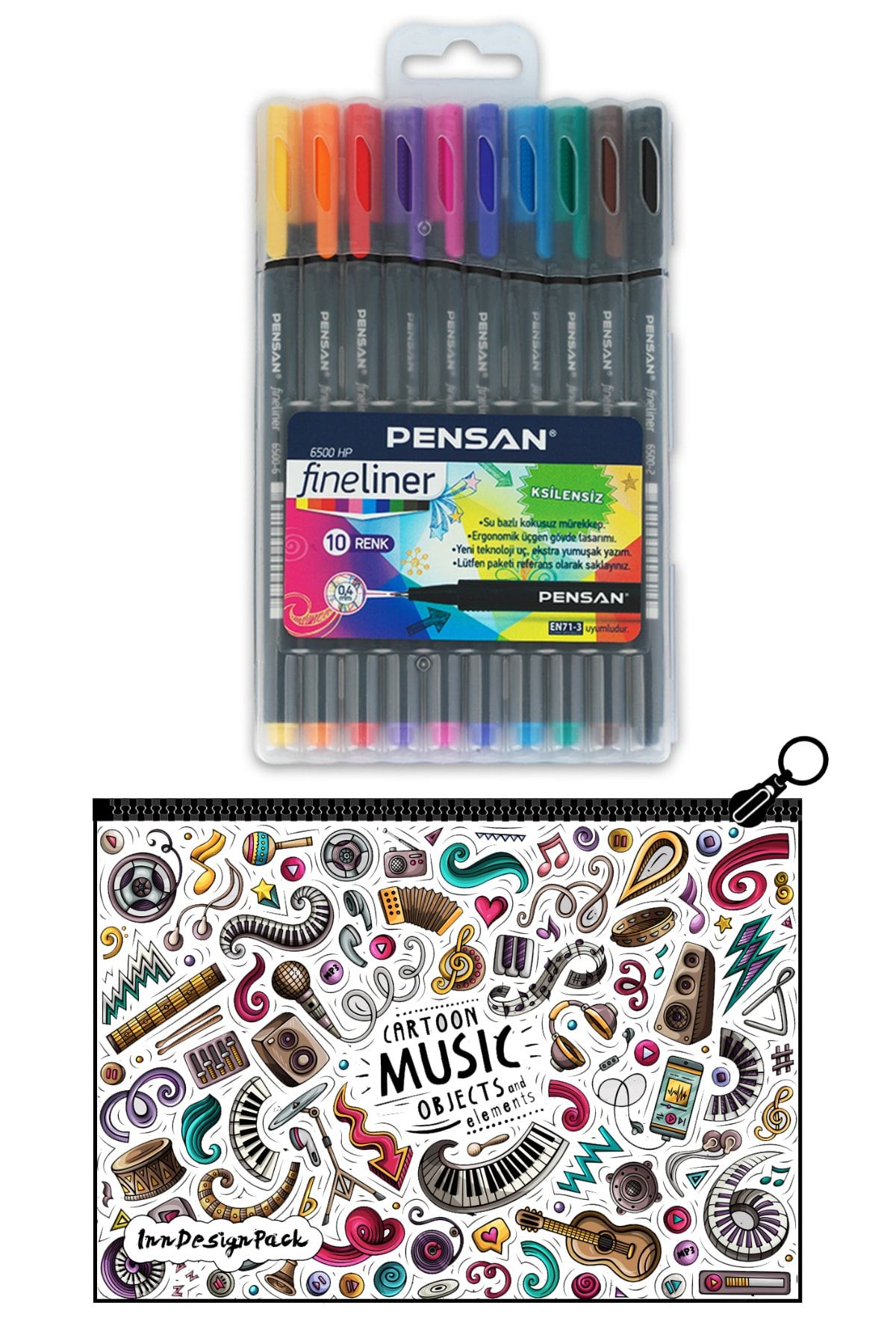 Pensan Fineliner 0.4 mm İnce Uçlu Keçe Kalem 10 Lu Set + Boyanabilir Kalem Kutu Music