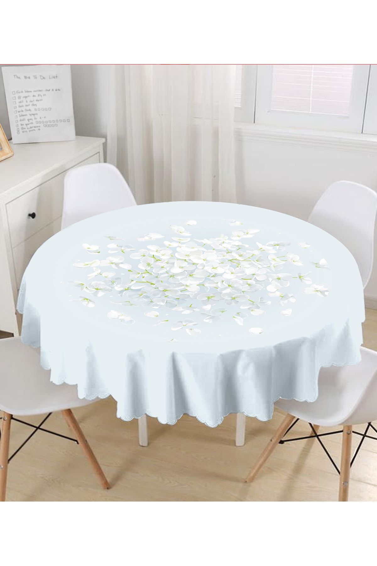 Realhomes Renkli Zeminli Beyaz Ortanca Çiçek Desenli Dijital Baskılı Modern Yuvarlak Masa Örtüsü - Çap 140cm