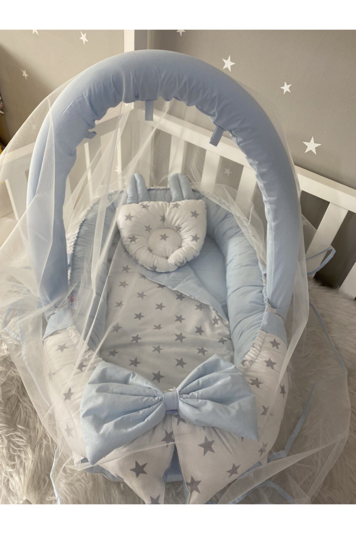 Jaju Baby Nest Mavi Kulaklı Cibinlik Ve Oyuncak Aparatlı Jaju-babynest Anne Yanı Bebek Yatağı