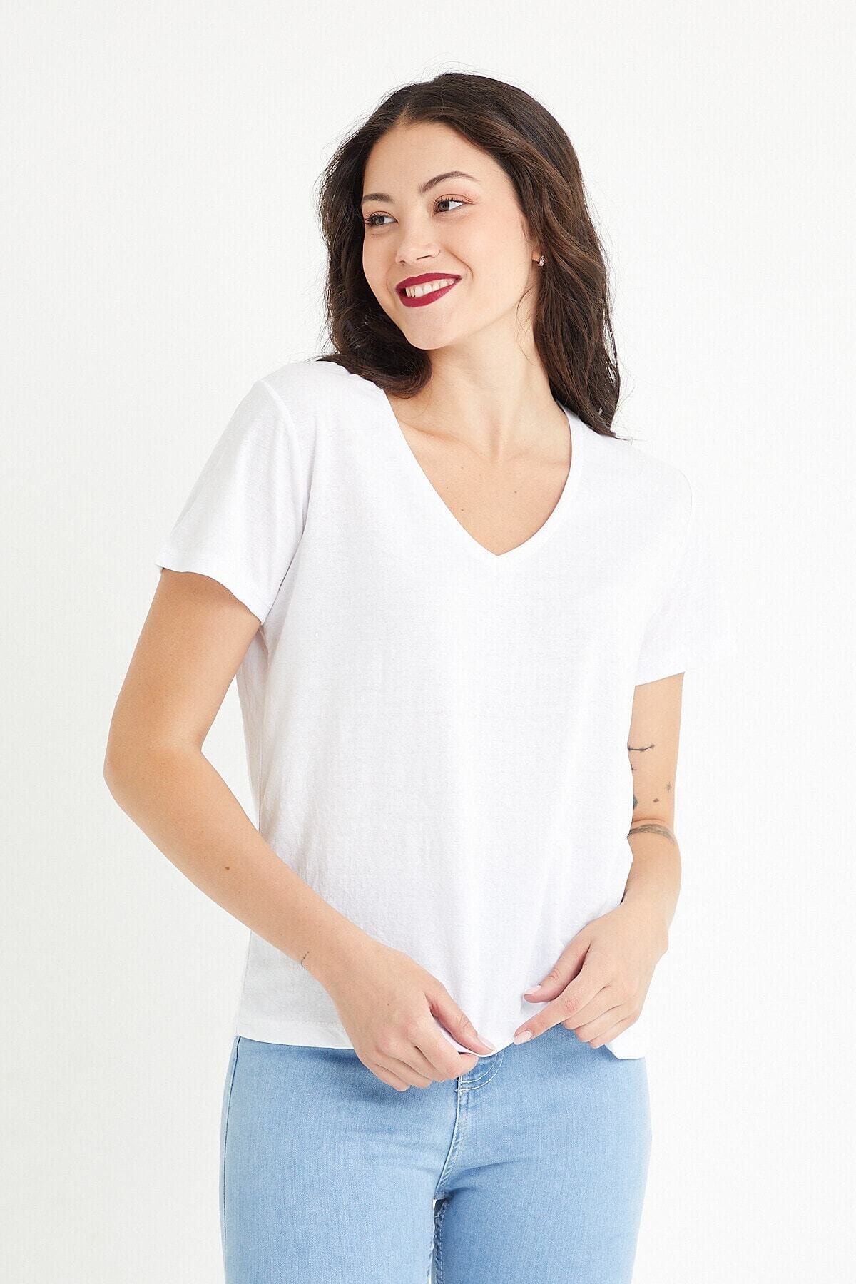 THE CACTUS Beyaz V Yaka Basic %100 Pamuk Örme T-shirt