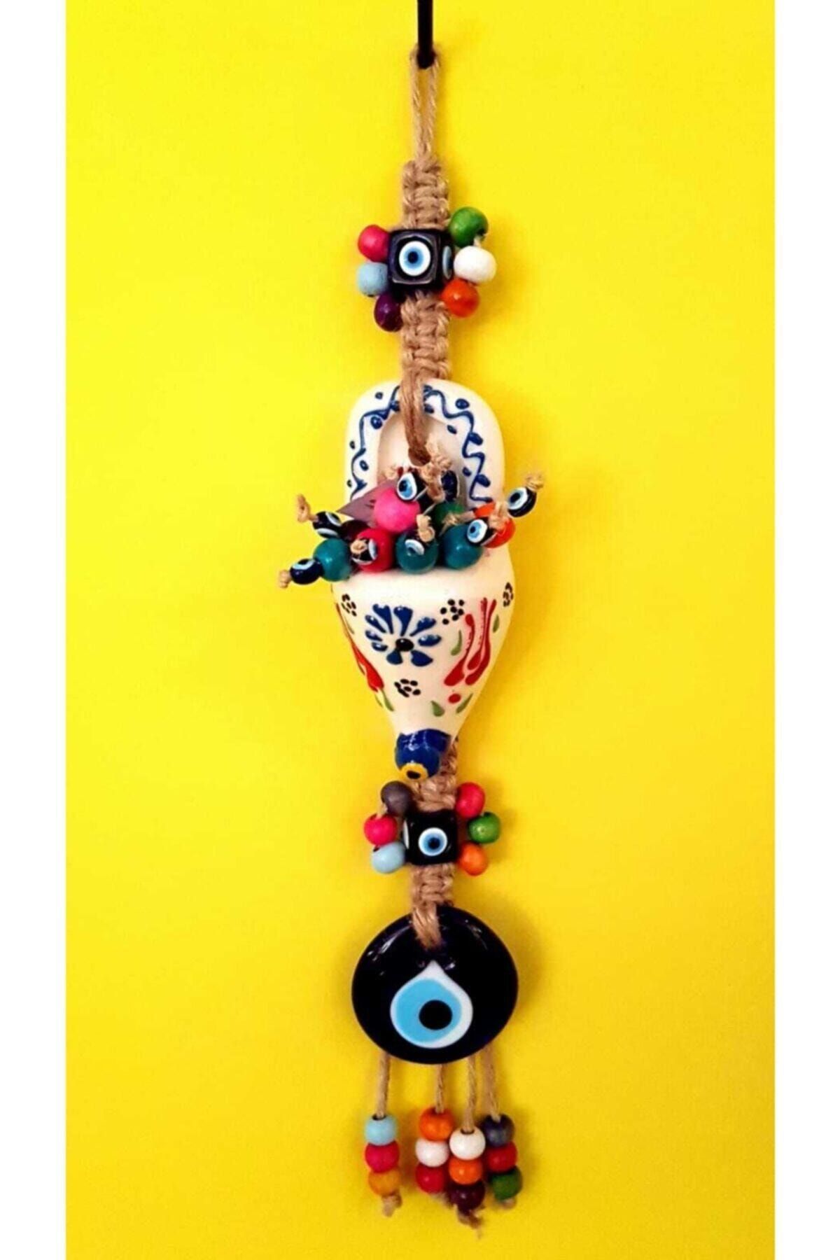 Nazar Çini Işlemeli Takunya Figürlü Dekoratif Renkli Boncuklu Bahçe Duvar Balkon Süsü 37 cm