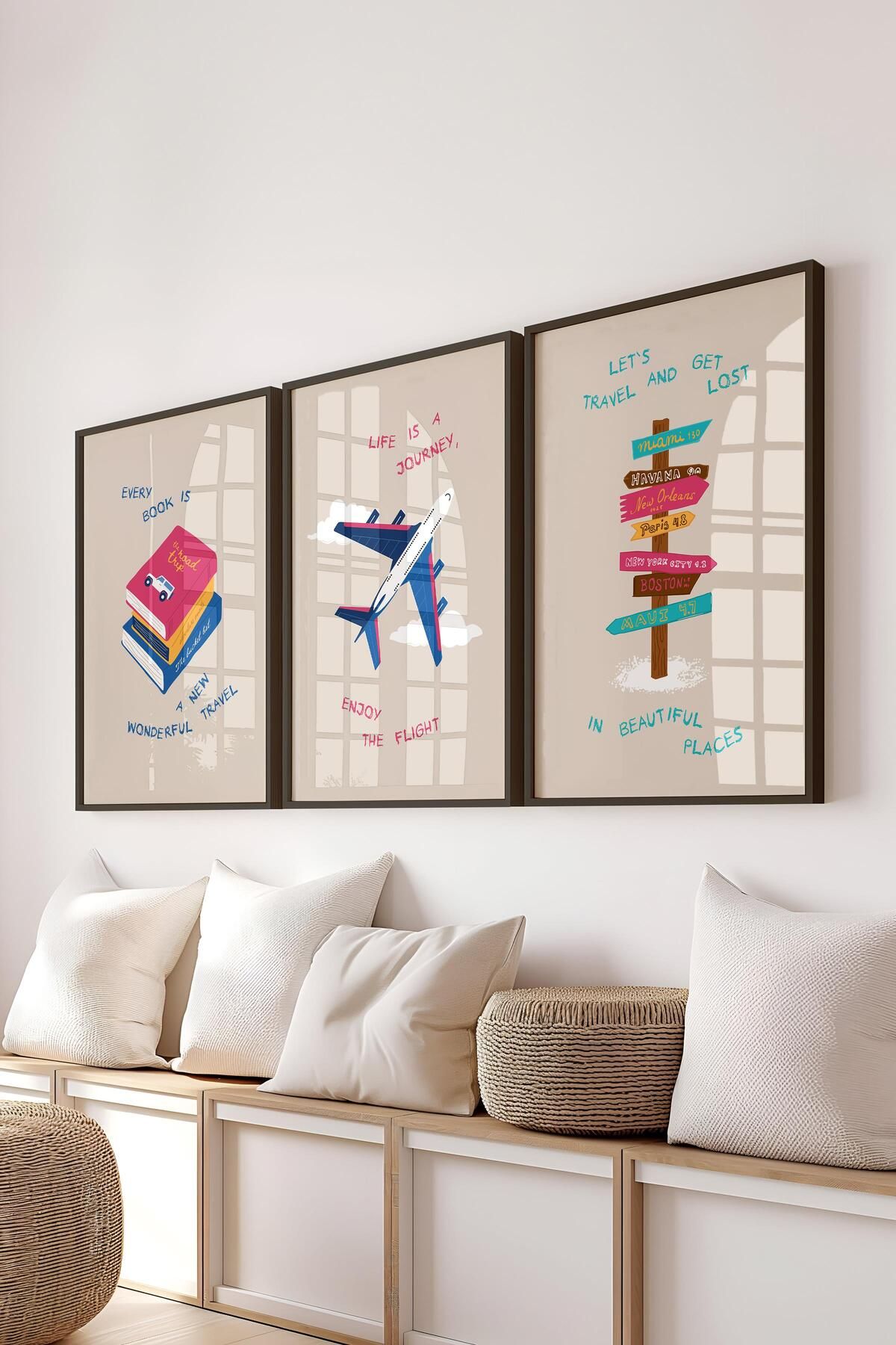 postifull Çerçeveli Tablo Seti, 3 Adet Siyah Çerçeve ve Minimalist Çizim Temalı Poster Seti, No:300534