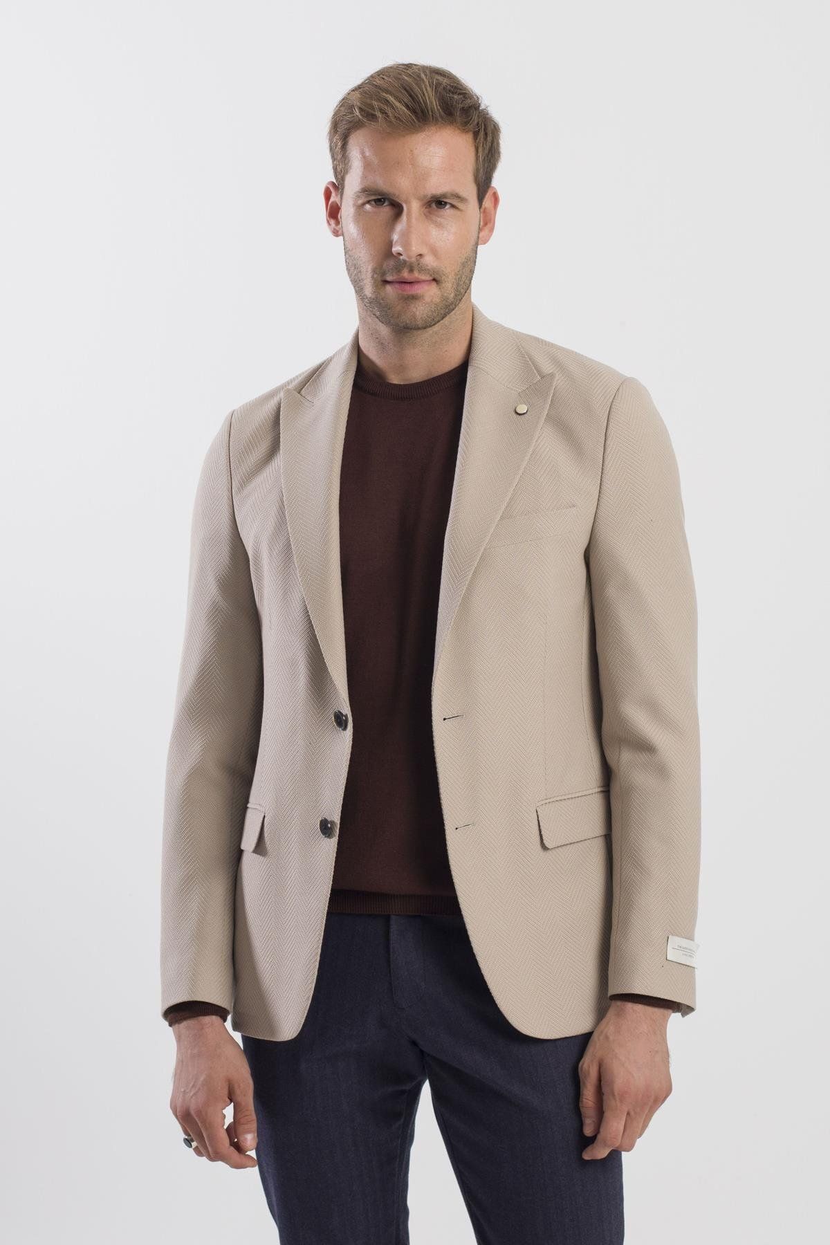 Jakamen Vizon Slim Fit Desenli Sivri Yaka Ceket