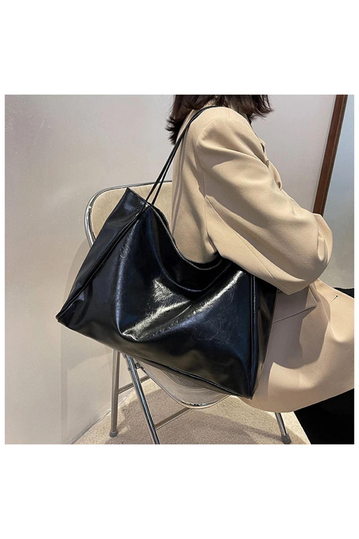 TECER Kadın Siyah Salaş Model Vintage Shopper El ve Omuz Çantası