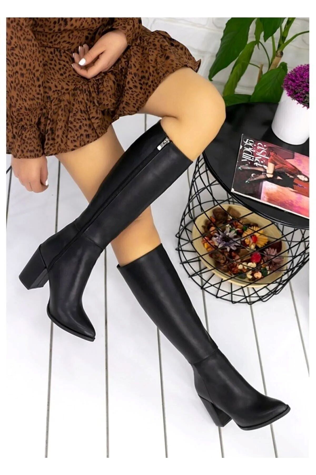 motto store Kadın Siyah Fermuarlı Topuklu Çizme - 7 cm Topuk