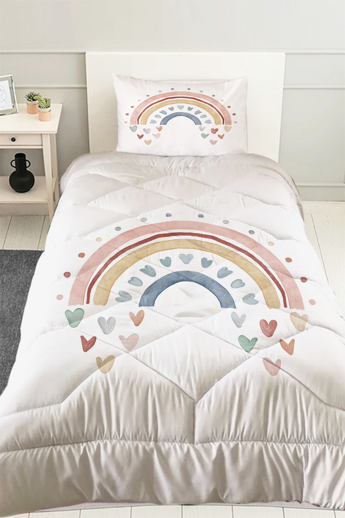 Else Halı Gökkuşağı Boho Desenli Kız Çocuk Tek Kişilik Kapitoneli Yorgan Kılıfı Uyku Seti