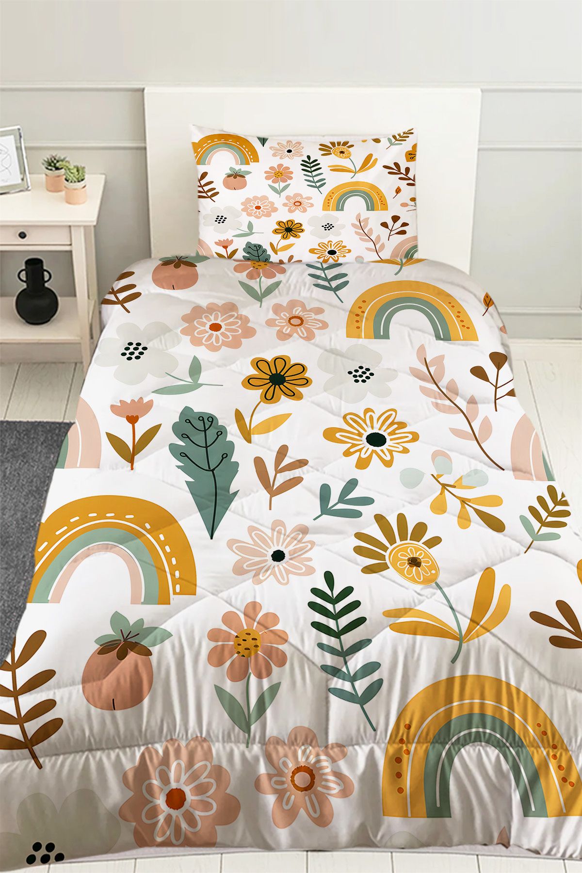 Else Halı Çiçekli Boho Gökkuşağı Desenli Kız Çocuk Tek Kişilik Kapitoneli Yorgan Kılıfı Uyku Seti