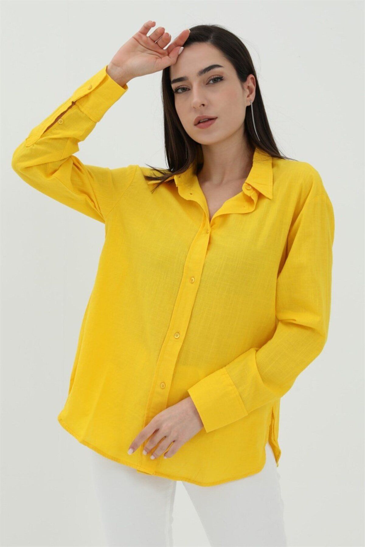 Genel Markalar Uzun Kol Oversize Basic Gömlek - Sarı