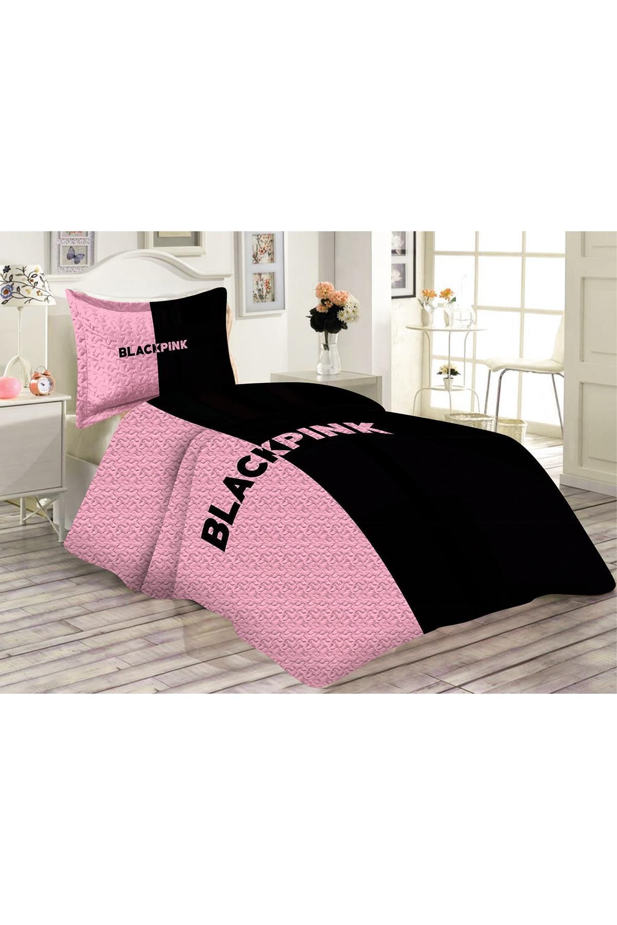 Doruklar Home Collection Kapitoneli Pamuk Dolgulu Kadife Kumaş Blackpink Desenli Tek Kişilik Çocuk Genç Yatak Örtüsü Seti
