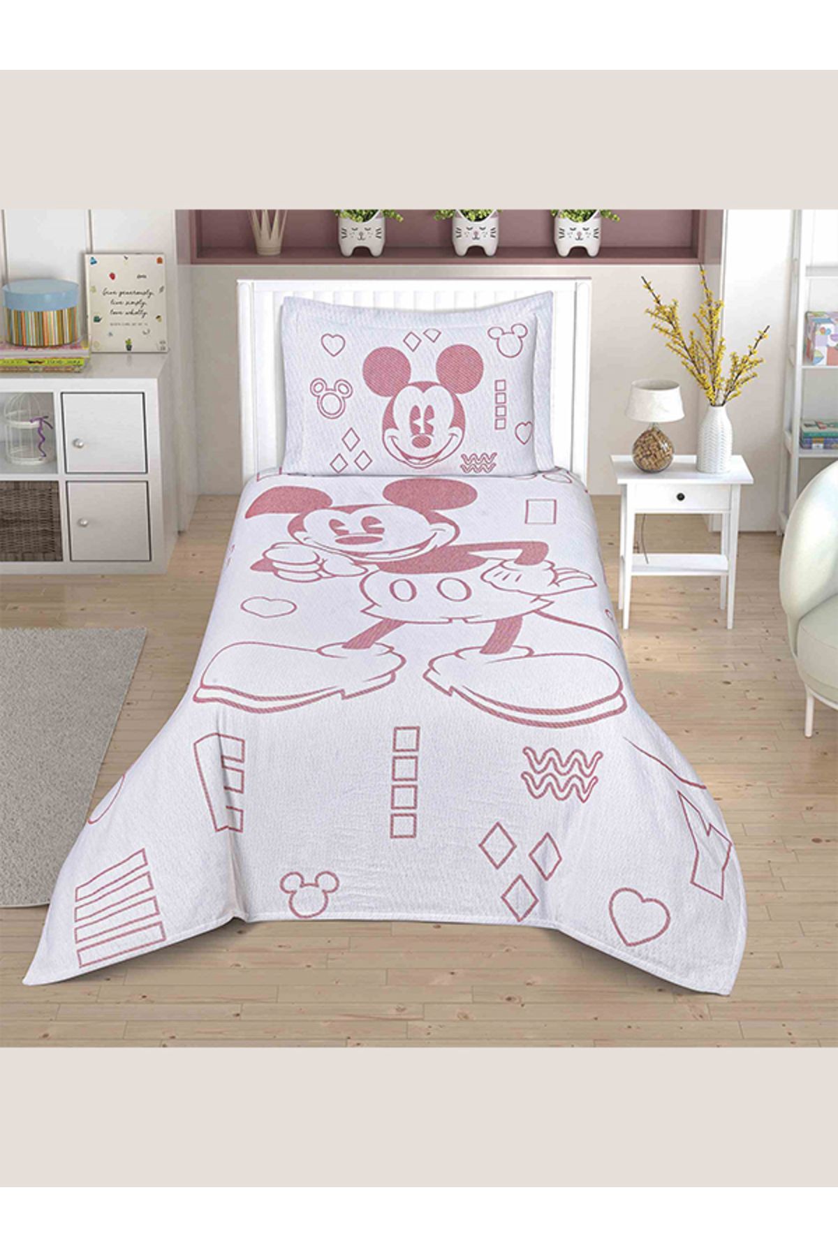 Taç Lisanslı Jakar Yatak Örtüsü Mickey Mouse Tek Kişilik