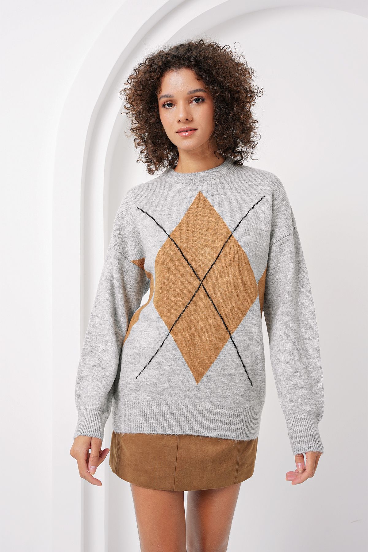 Bigdart 15895 Baklava Desenli Oversize Triko Kazak - Gri