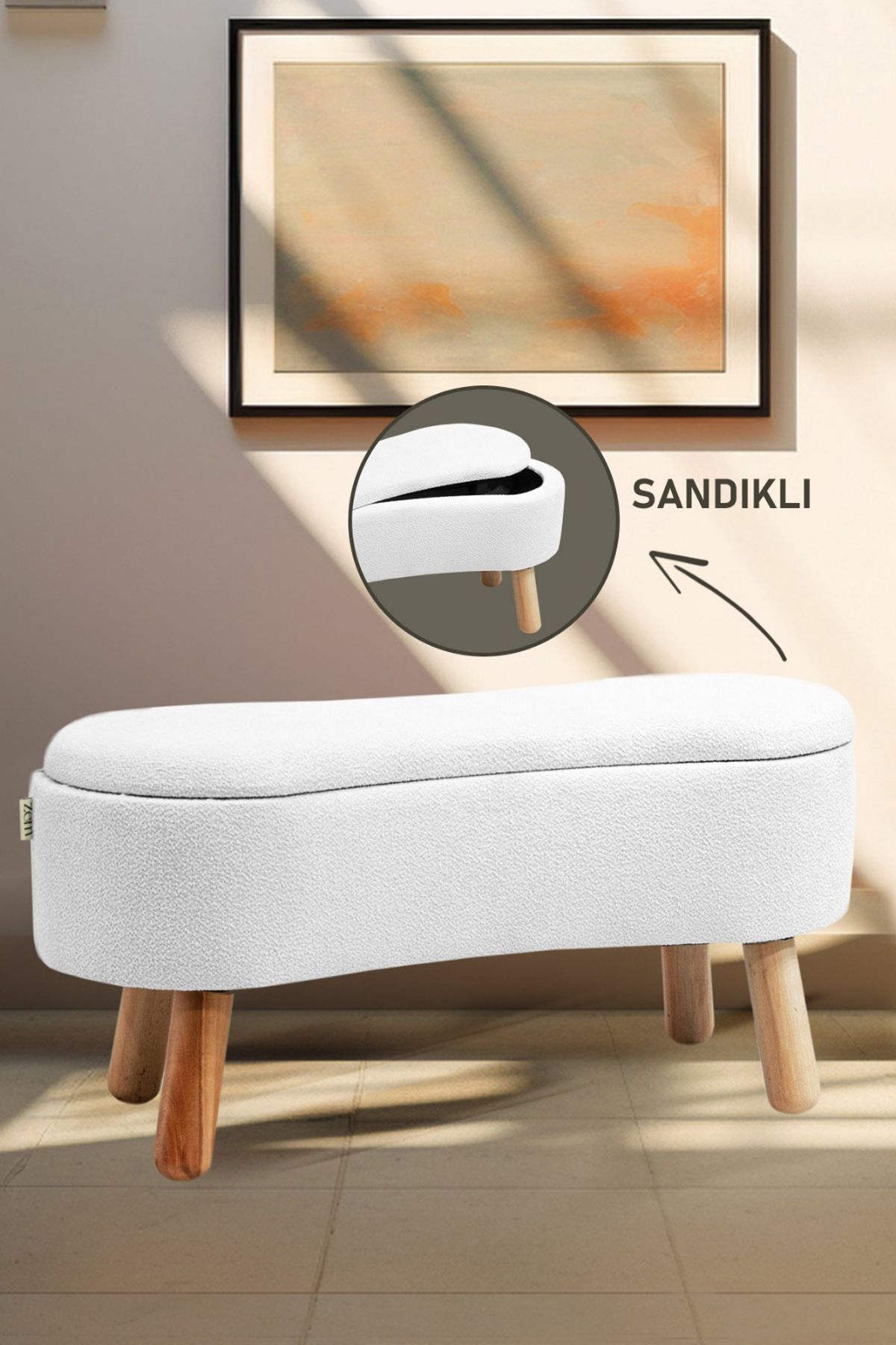Zem Scala Sandıklı Bohem Ahşap Ayaklı Puf/bench, Beyaz