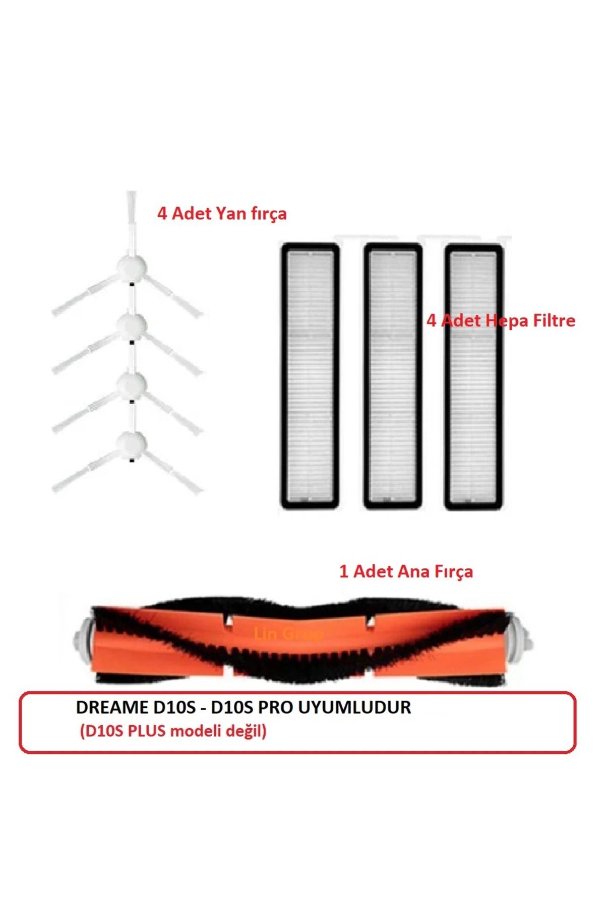 LİN GRUP Dreame D10S - D10S Pro Uyumlu Yedek fırça filtre seti (D10 Plus değil)