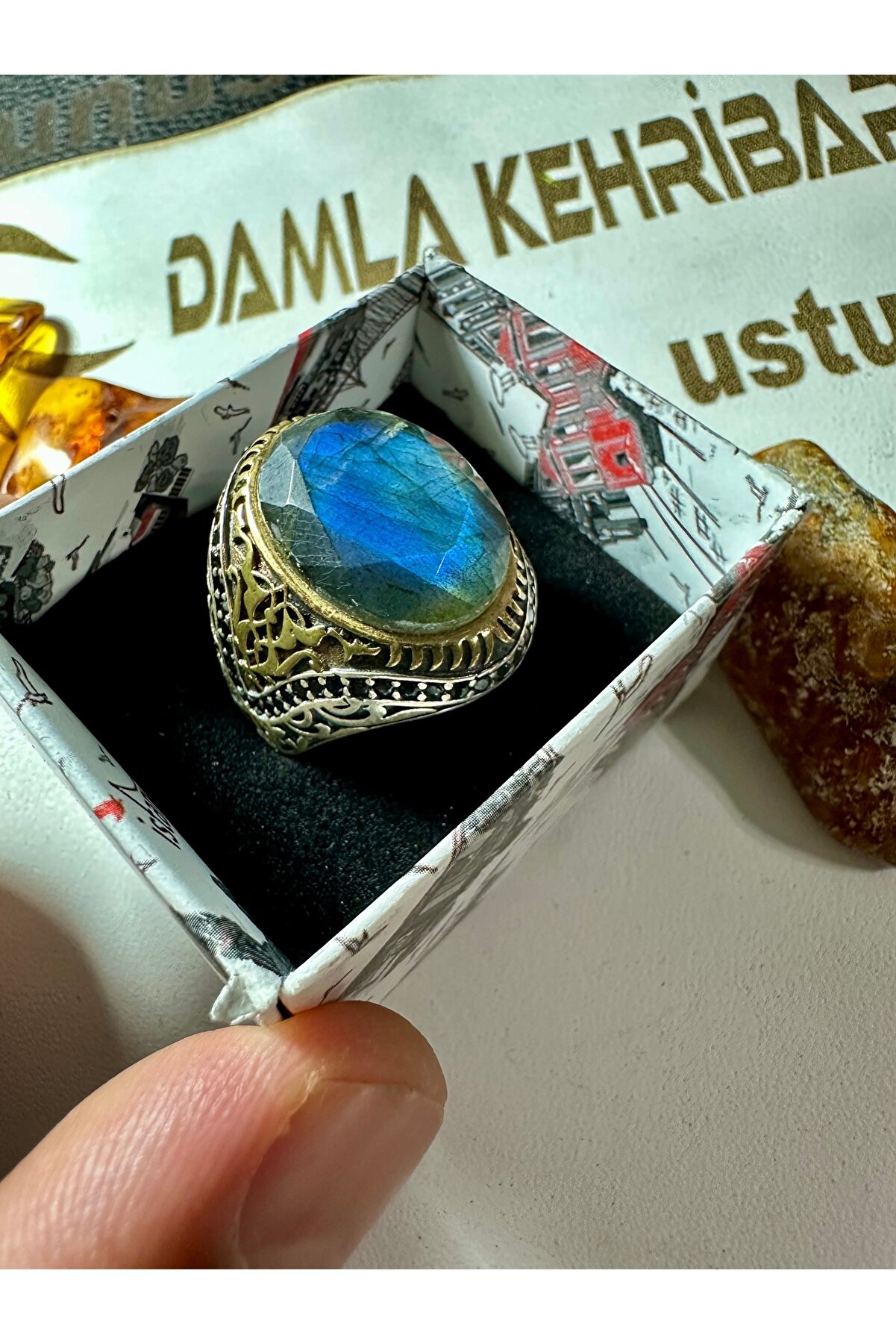 Damla Kehribarcılık Labradorit Taşlı Gümüş Yüzük - Özel Tasarım