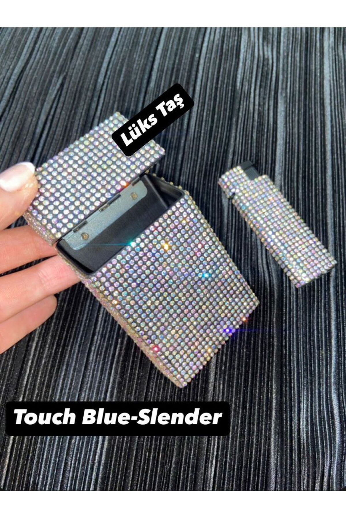 Lüks Taş Taşlı Sigara Kutusu Ve Çakmak (SLENDER)touch Blue