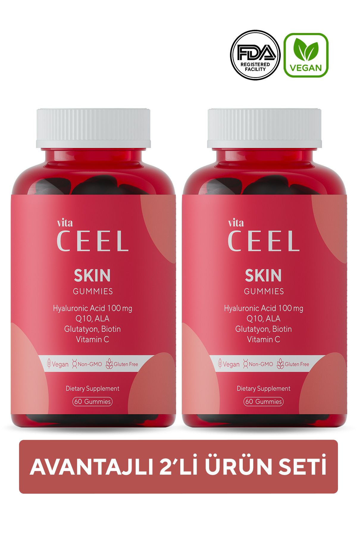 Vita Ceel 2'li Vegan Cilt Vitamini Çiğnenebilir Gummy, Hyaluronic Acid, Vitamin C, Glutatyon, Q10, Ala, Biotin
