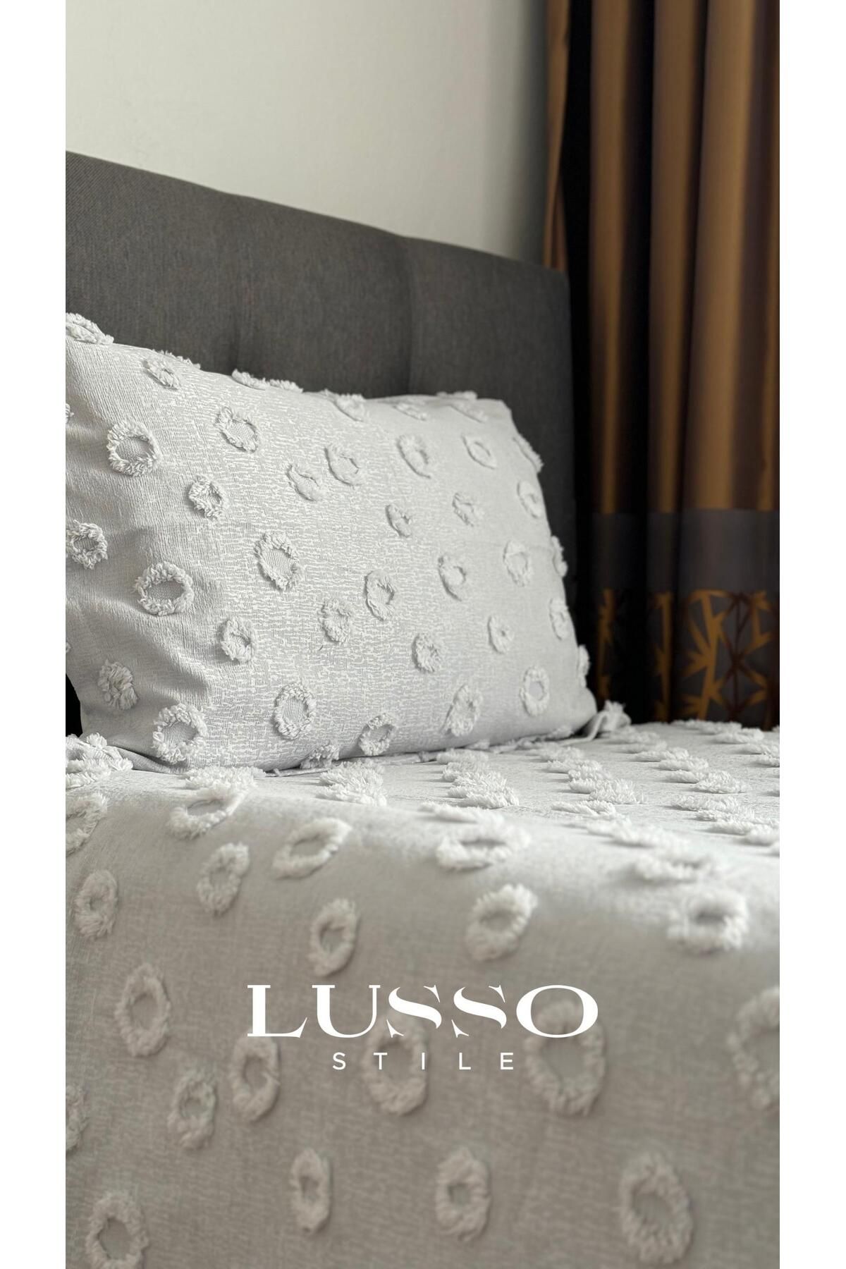 lusso stile Ponpon Tek Kişilik Yatak Örtüsü Gümüş Gri 180x250 Tek Yastık Single