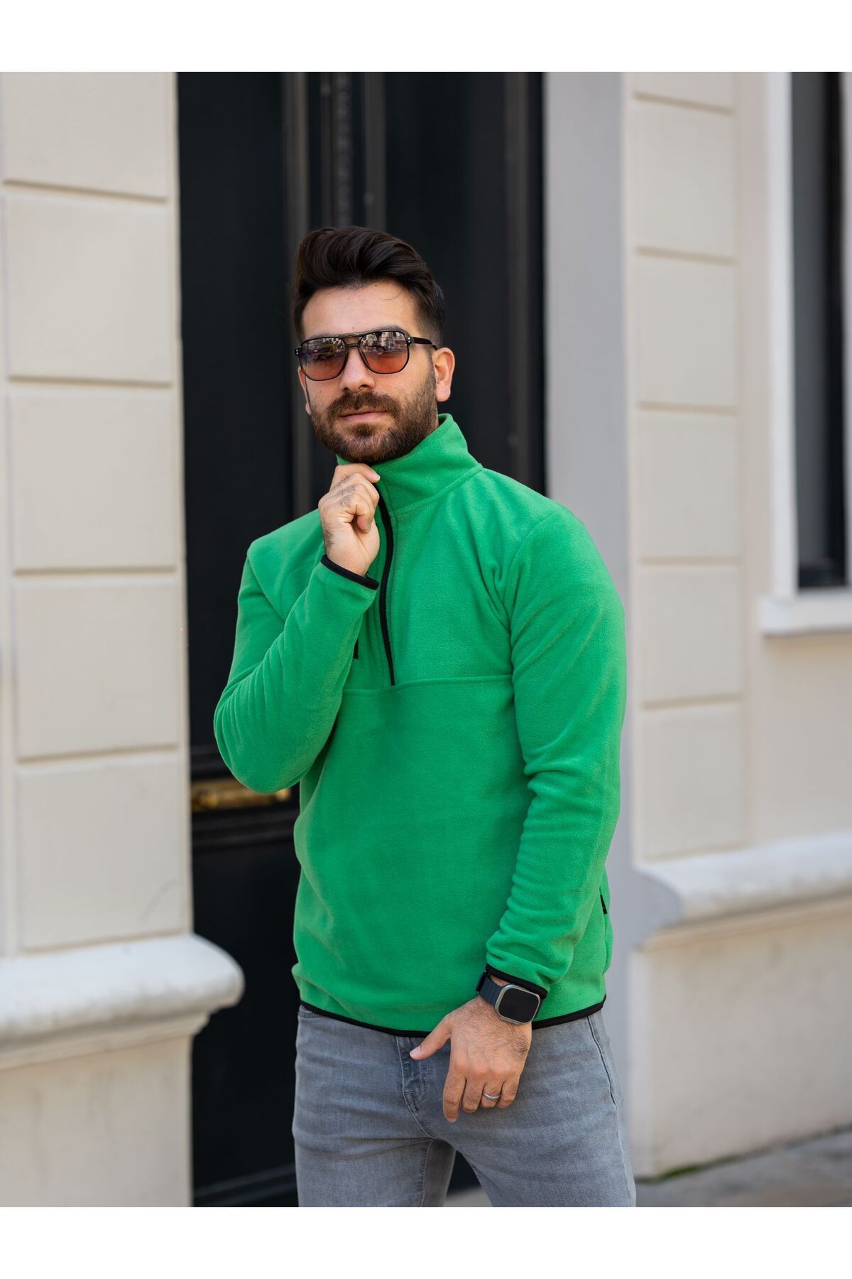 Black Sokak Erkek Yarım Fermuarlı Göğüs Cep Detaylı Çimen Yeşil Polar Sweatshirt