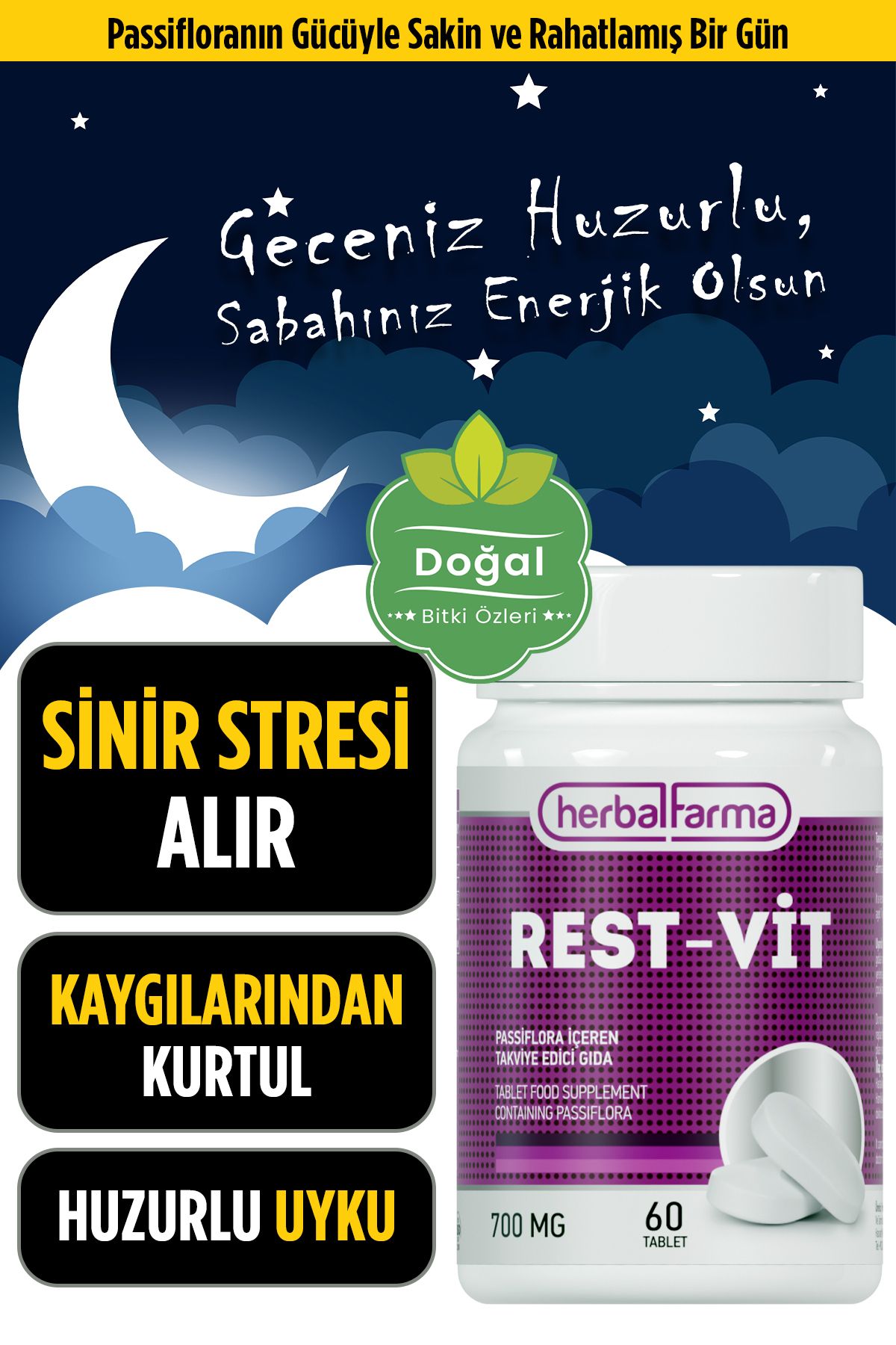 Herbalfarma Stres Azaltıcı Ve Uyku Kalitesini Artıran Doğal Takviye - Pasiflora Ile Rahat Uykular - 60 Tablet