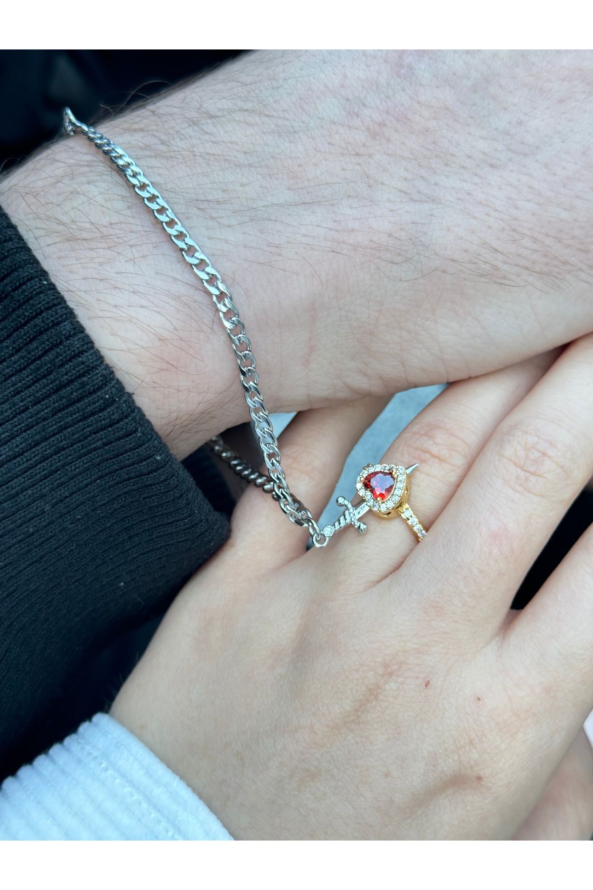 Harlofia Jewelry Kalp Kılıç Yüzük ve Bileklik Seti Eşleşen Set
