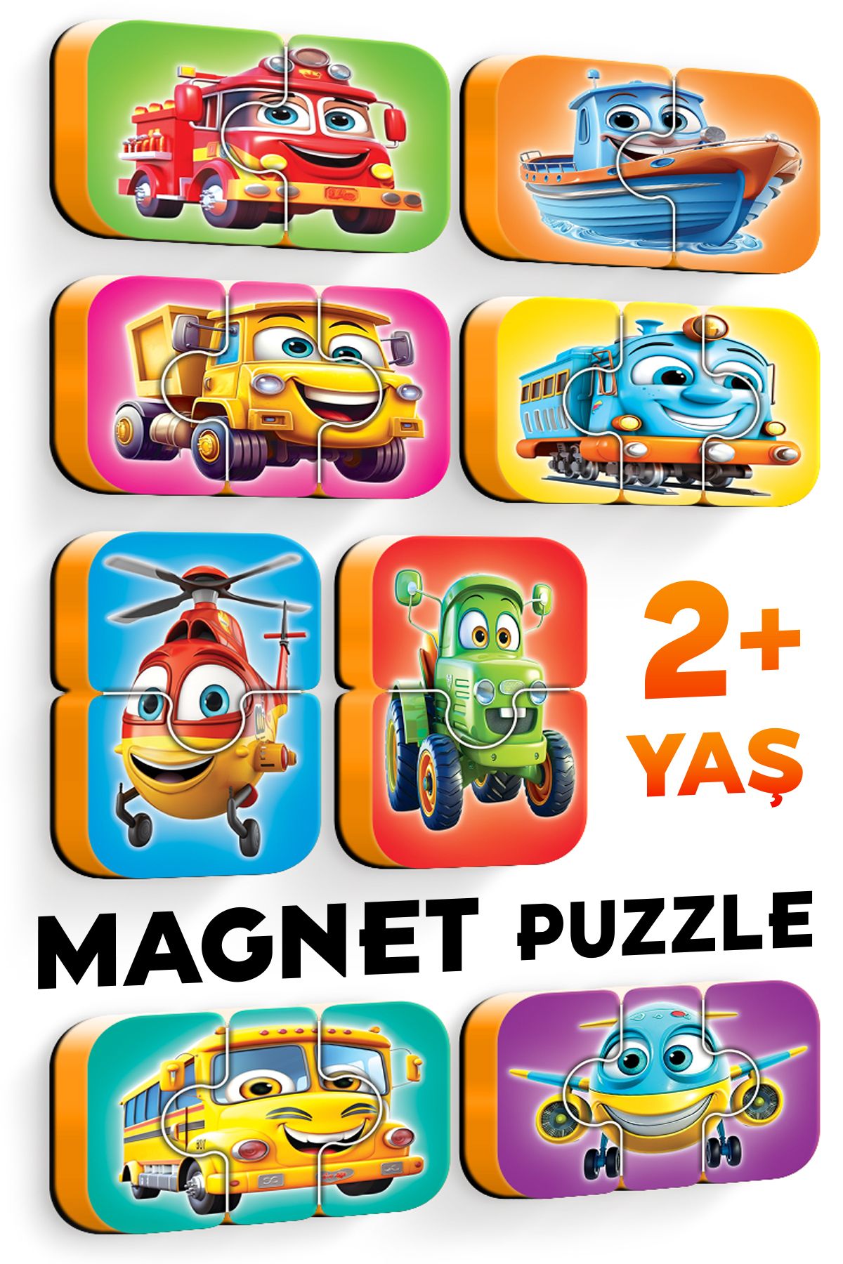 EVAKANCA Taşıtlar Mıknatıslı Yapboz 8 Adet 2-3 Parçalı Magnet Puzzle 2 Yaş