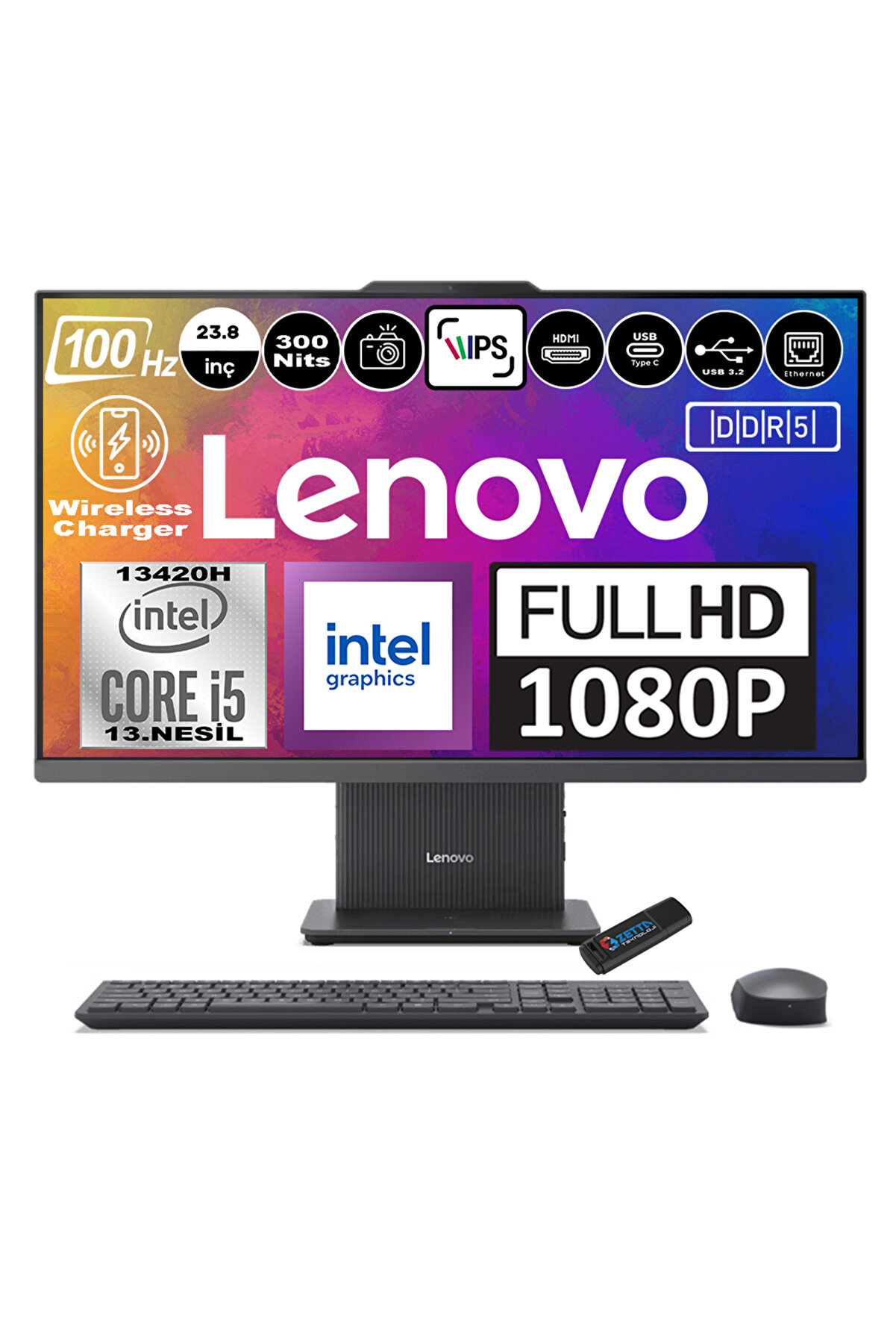 Ideacentre Aıo I5-13420H 8gb 512GB SSD 23.8 Fhd IPS FDOS Koyu F0HN0057TRF02205ZettaFlashBellek