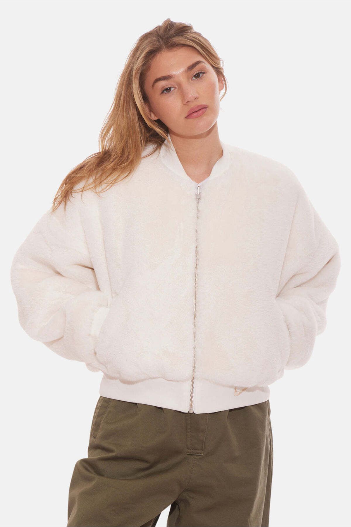 Nike Sportswear Reversible Faux Fur Bomber Full-Zip Çift Taraflı Suni Kürk Krem Kadın Ceket/Mont