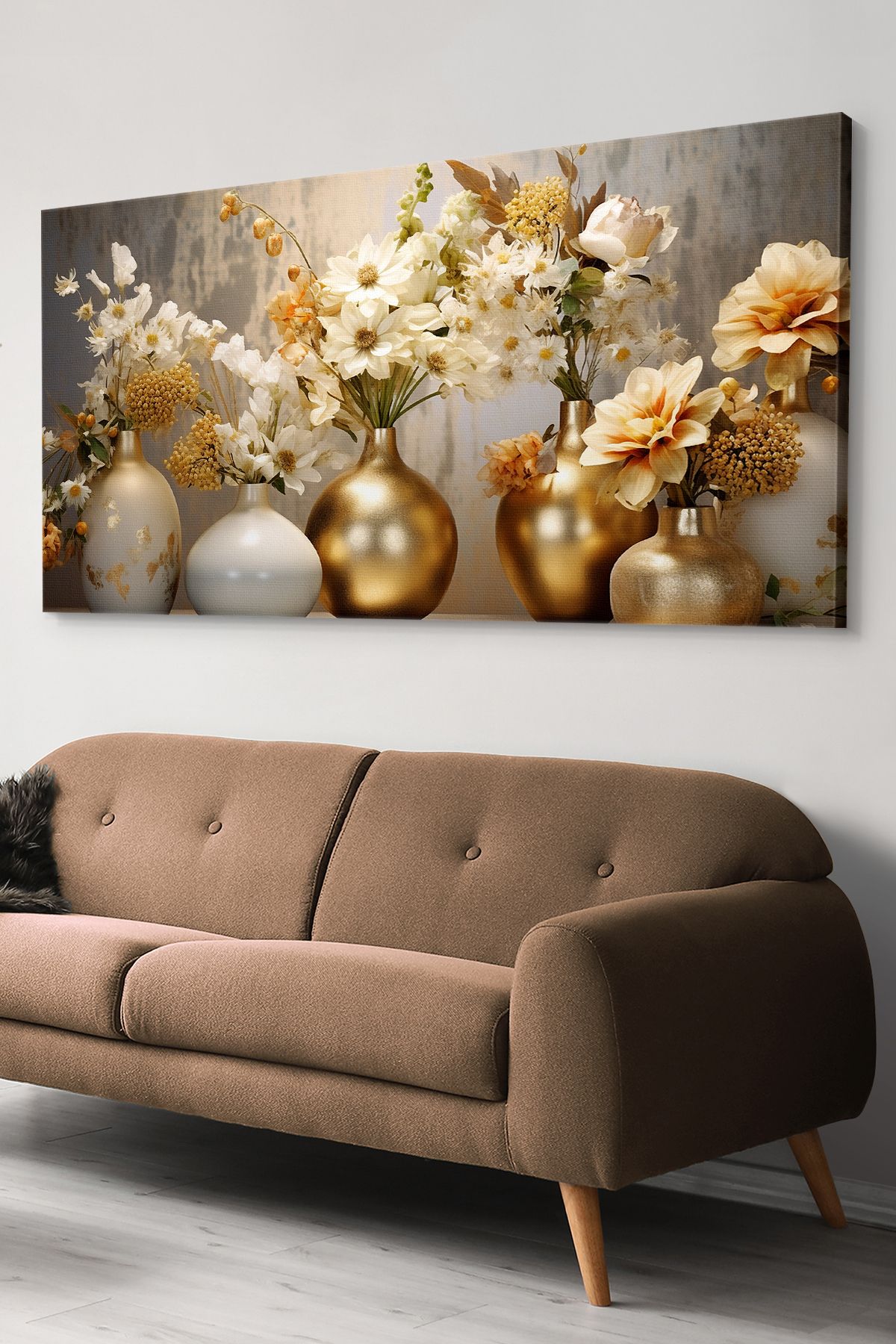 Evinemoda Gold Vazoda Çiçekler Tek Parça Kanvas - Canvas Tablo