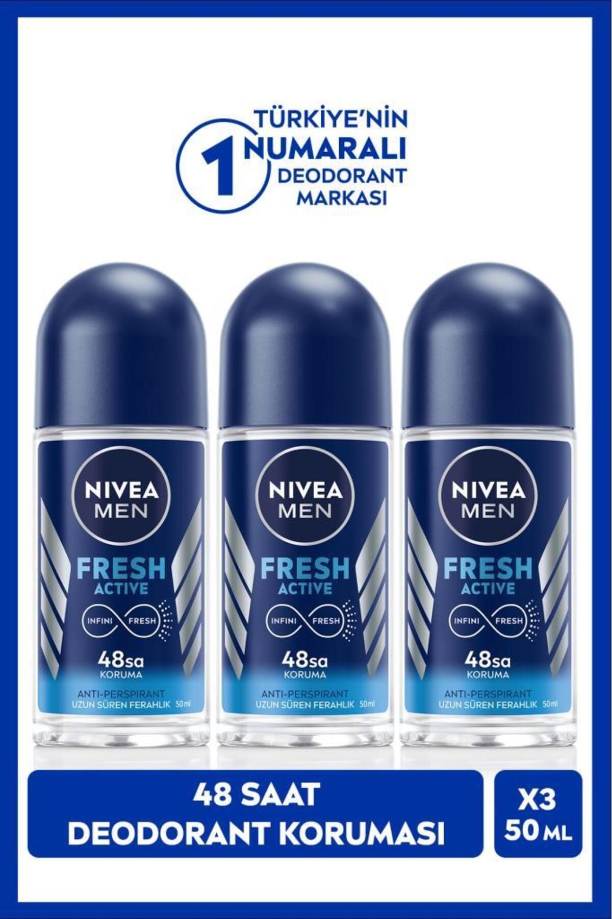 NIVEA MEN Erkek Roll-on Deodorant Fresh Active 50ml, 48 Saat Koruma, X3 Adet
