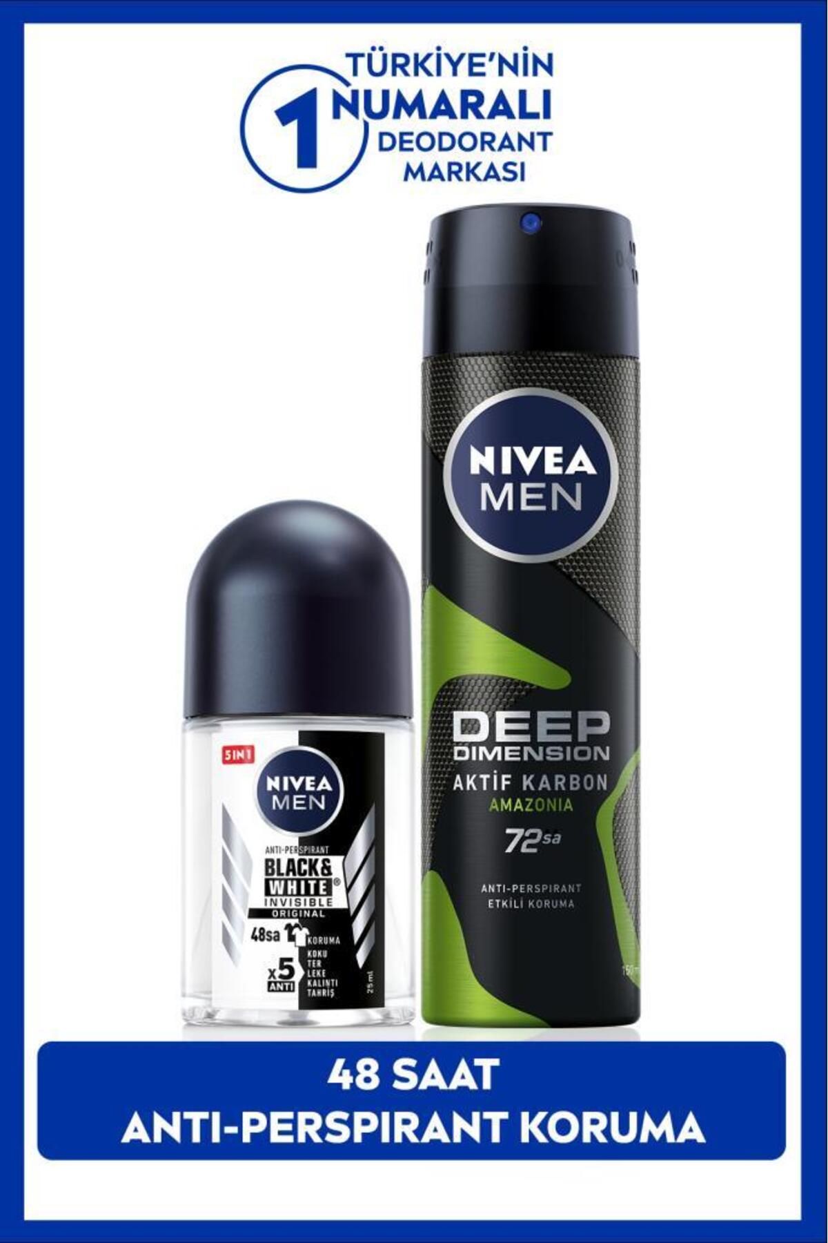 NIVEA Men Erkek Sprey Deodorant Deep Dimension Amazonia 150ml Ve Mini Roll-on Deodorant Black&white 25ml