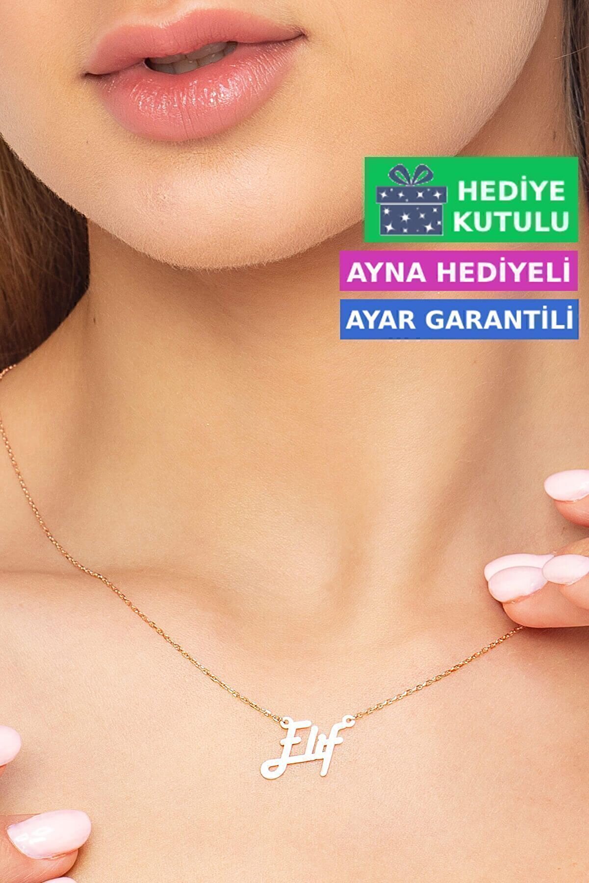 Jewelmim Elif Gümüş İsim Yazılı 18 Ayar Rose Altın Kaplama Kolye