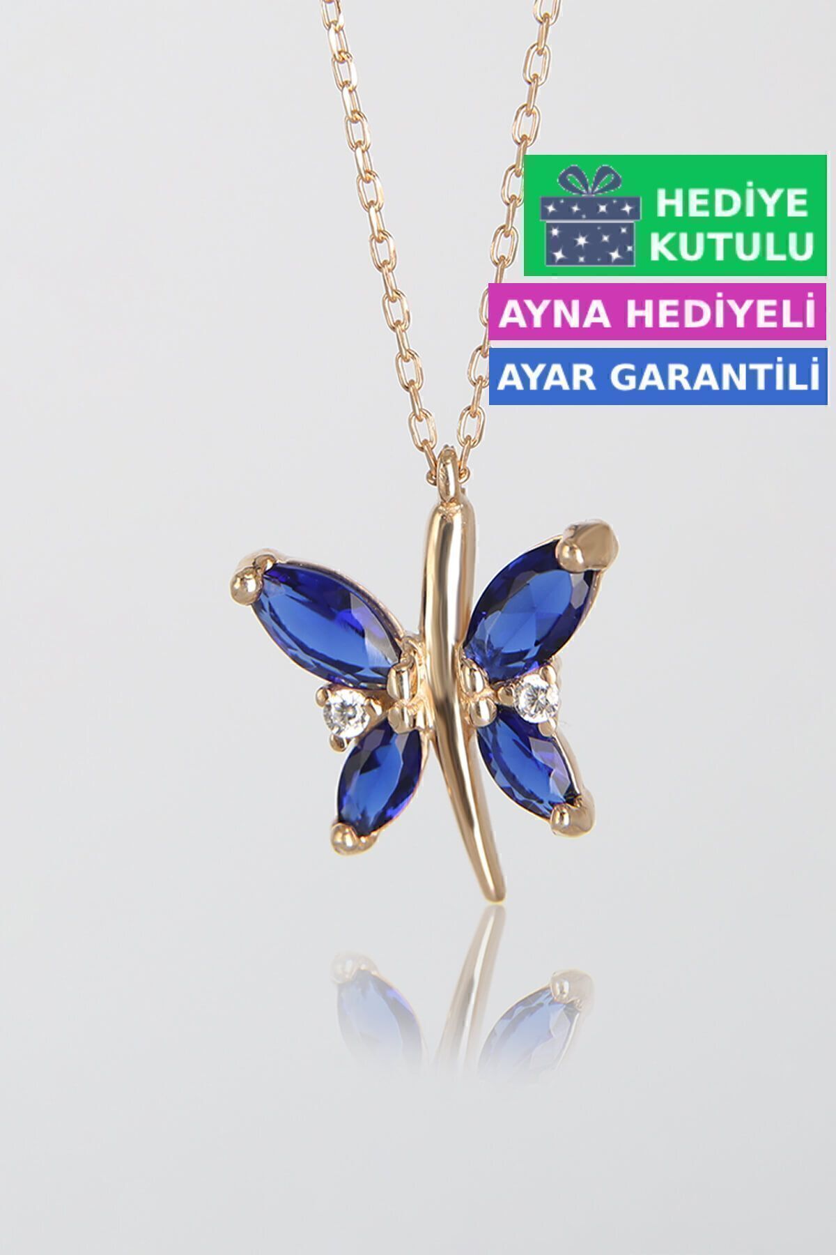 Jewelmim Safir Mavi Kelebekli Gümüş Kolye 18 Ayar Rose Altın Kaplama 925 Ayar Kadın Gümüş Kelebek Kolye