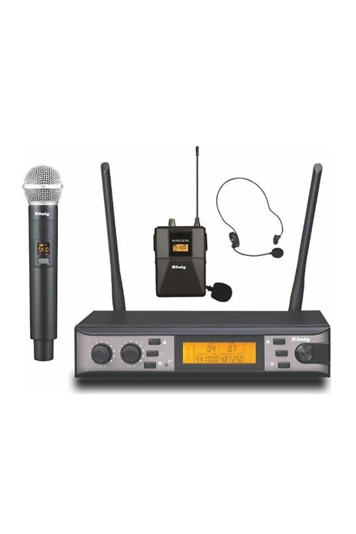 StarkPro König K-990 Çift Kanal UHF Telsiz Yaka/kafa Mikrofon + el Mikrofonu Seti