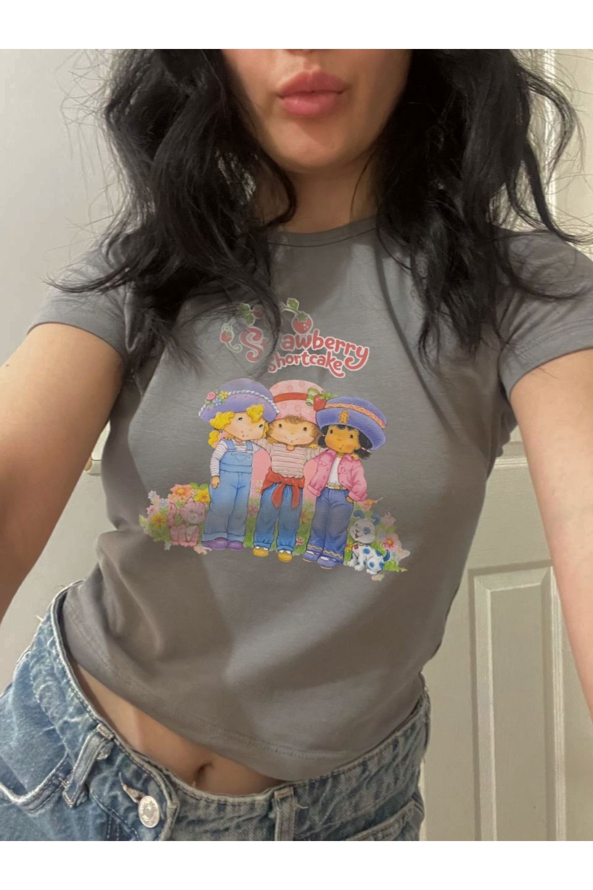 MAYDAY CULTURE Çilek kız Strawberry Shortcake Cartoon Figür Çizgi film Üst Baby tee Dar Crop Gri üst