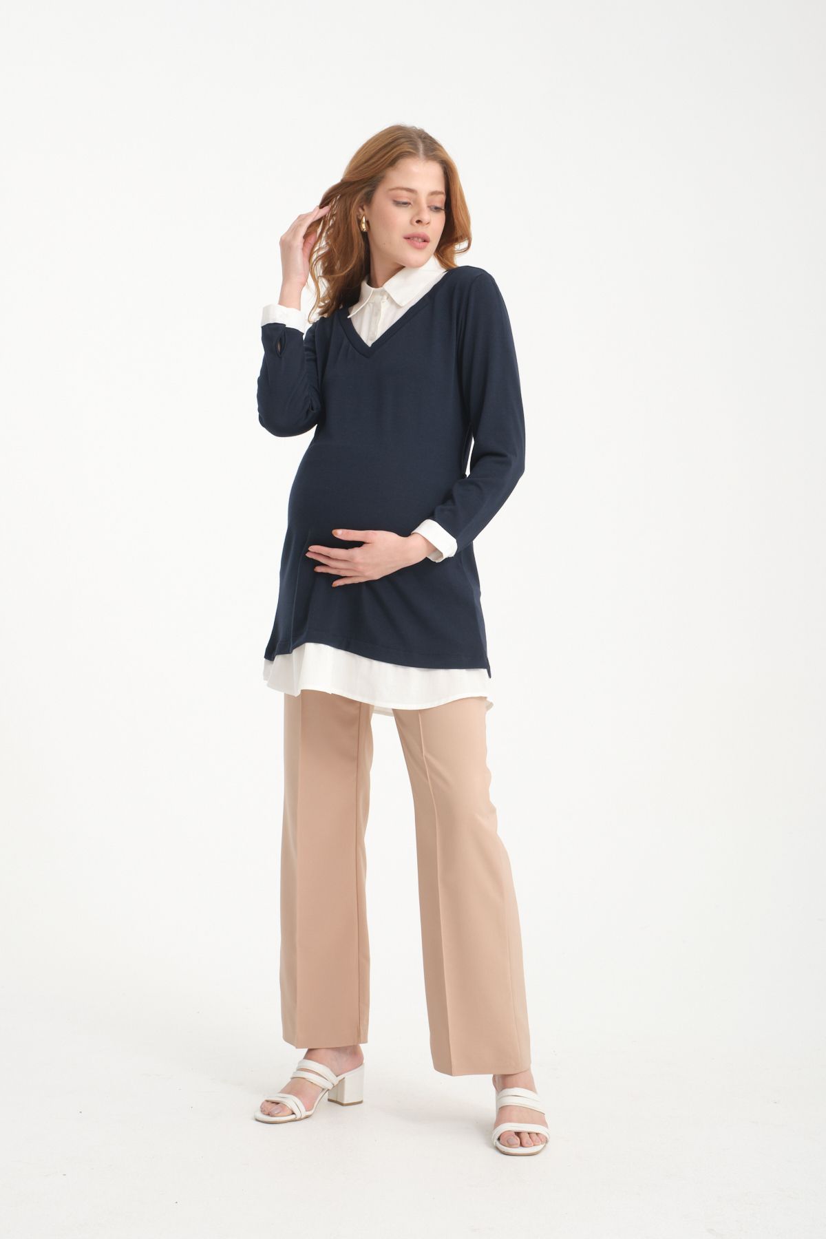 KATLİN MATERNİTY WEAR Hamile Tunik Triko Kumaş ,gömlek Yaka Beyaz Poplin Garnili ,bel Bağcık Detaylı (ÇIKARILABİLİR)
