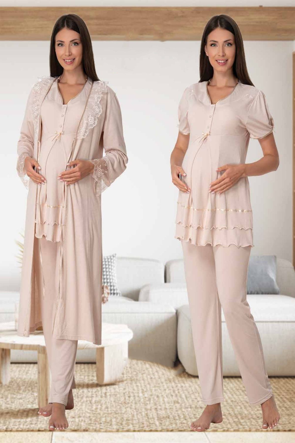 Effortt Mayss Collections 8024 Vizon Renk Sabahlıklı Lohusa Pijama Takımı