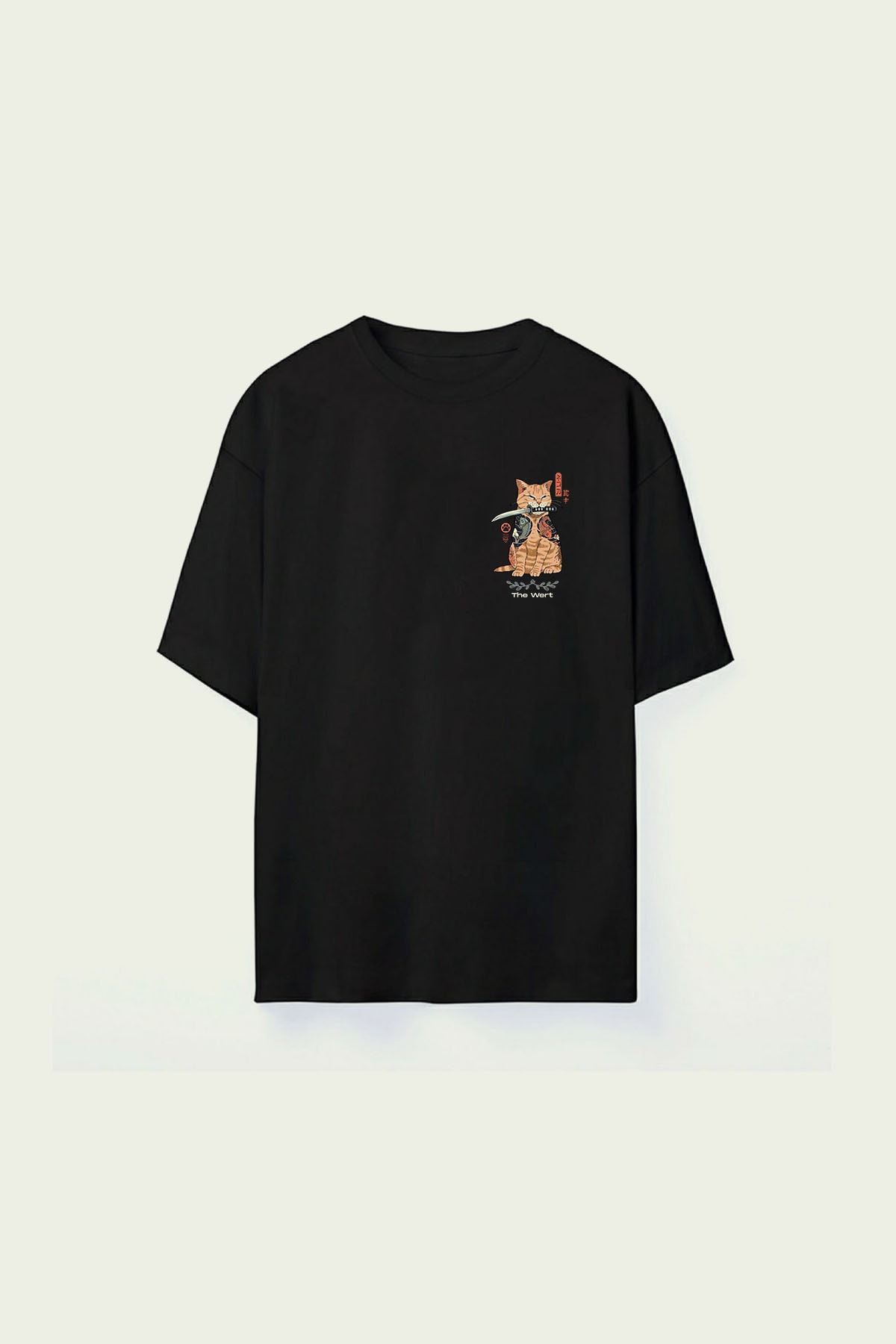 THEWERT Unisex Samuray Cat Baskılı Siyah Oversize Tshirt