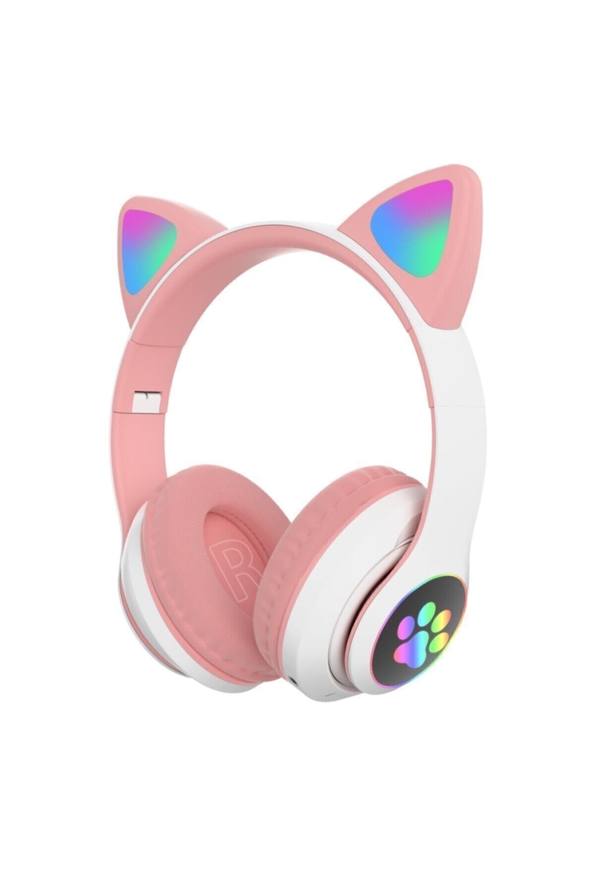 BLUPPLE Kablosuz Bluetooth 5.0 Led Işıklı Kedili Şık Kulaklık Hediye Kız Kadın Wireless Pembe