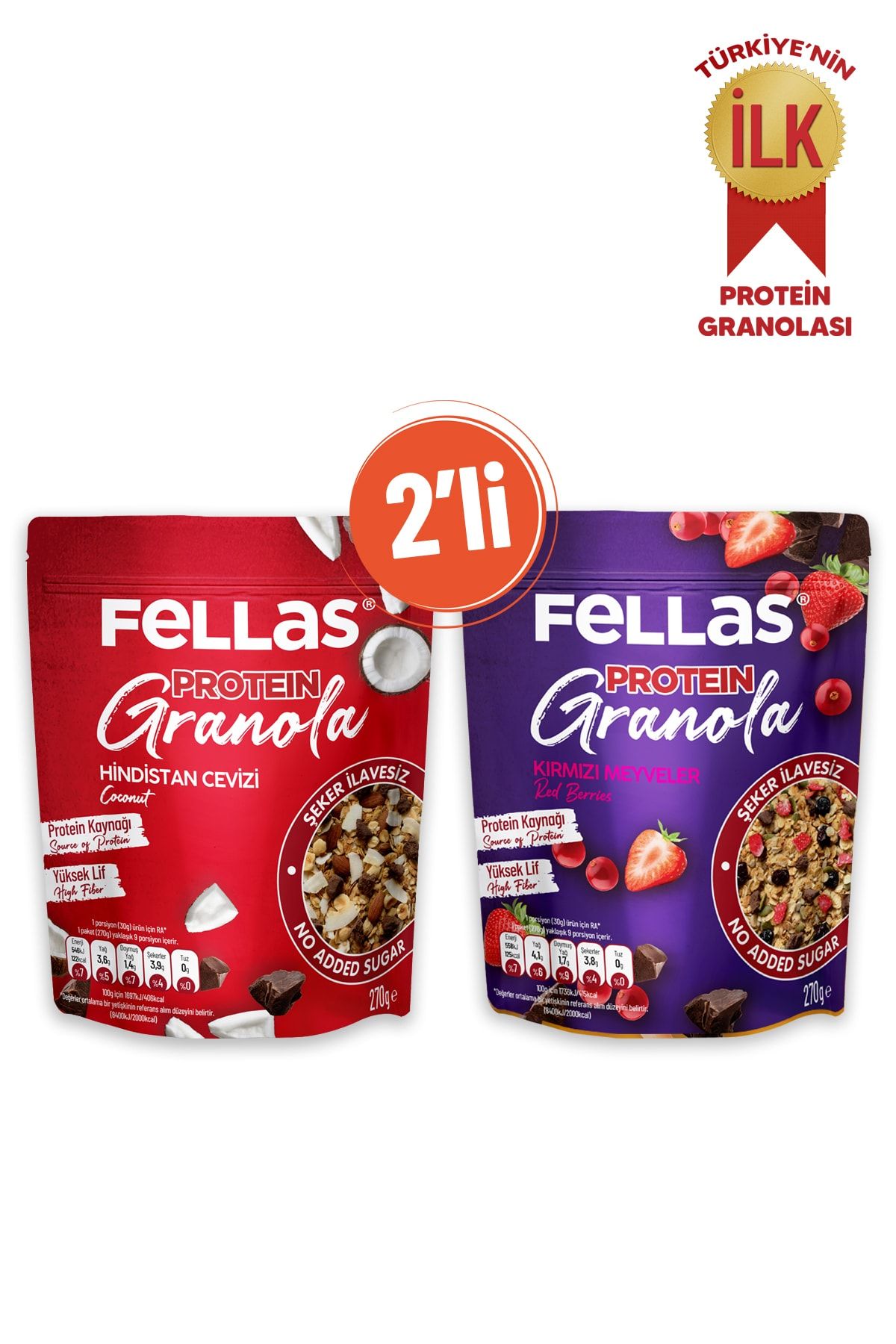 Fellas Granola 2'li - Protein Bar Parçacıklı - Hindistan Cevizli 270 gr + Kırmızı Meyveli 270 gr