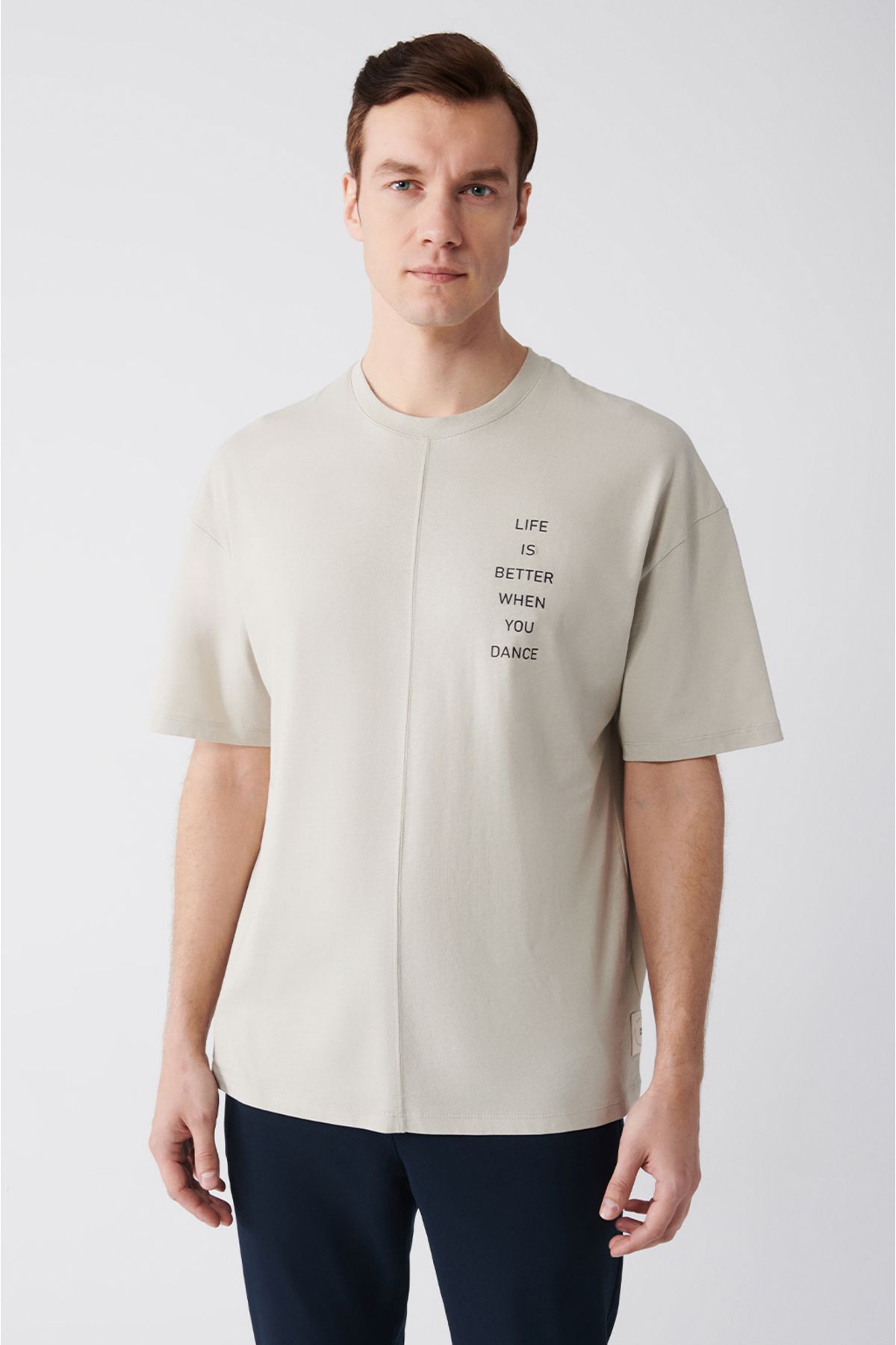 Avva Erkek Bej %100 Pamuk Bisiklet Yaka Baskılı T-shirt A31y1178