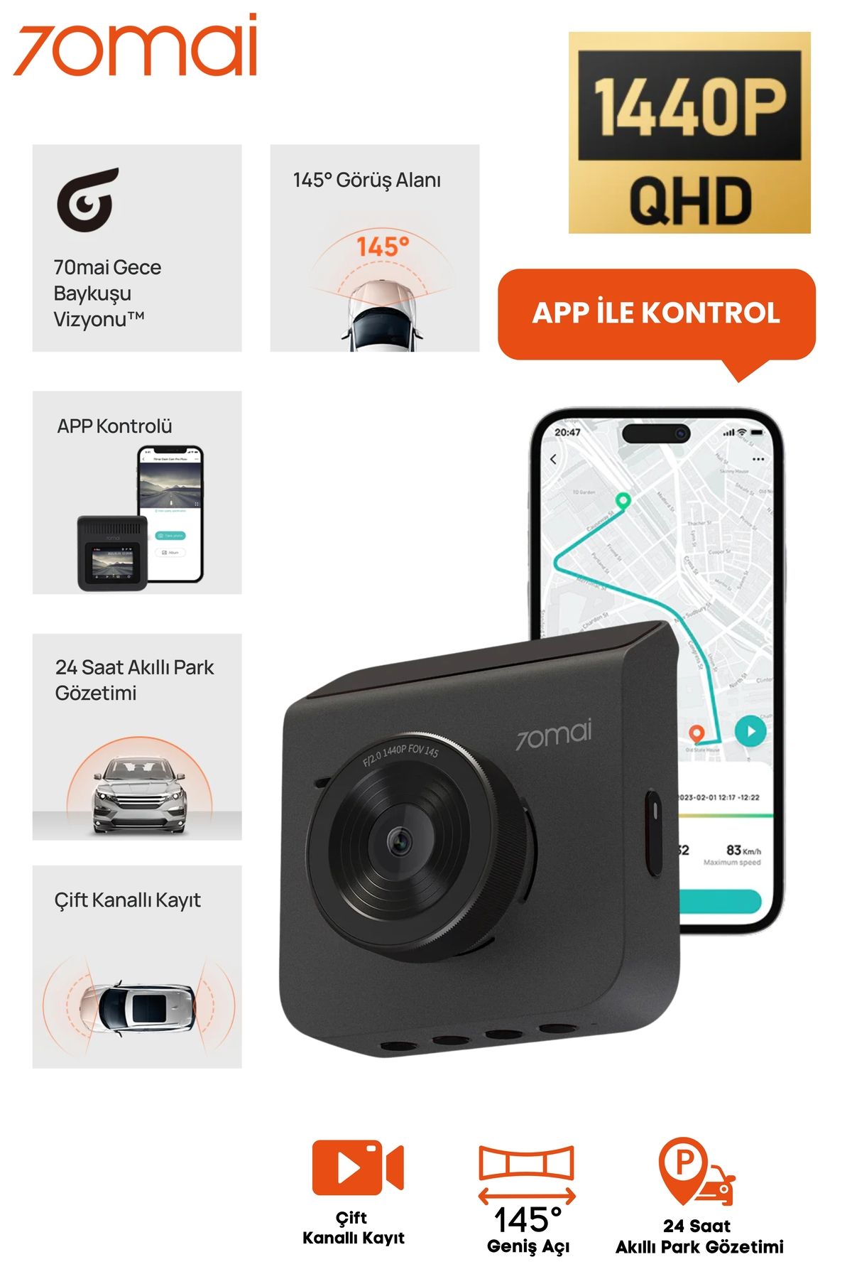 70MAİ A400 Siyah Dashcam 1440p Quad Hd 2k 145° Açılı Gece Görüşlü Araç Kamerası
