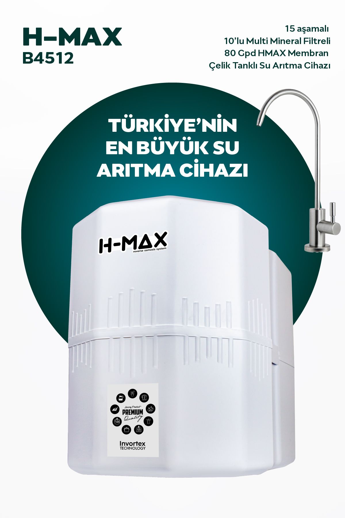 H-MAX Reverse Osmosis System HMAX B4512 Modeli 12 Litre 15 Aşama Su Arıtma Cihazı 80 Gpd Membran