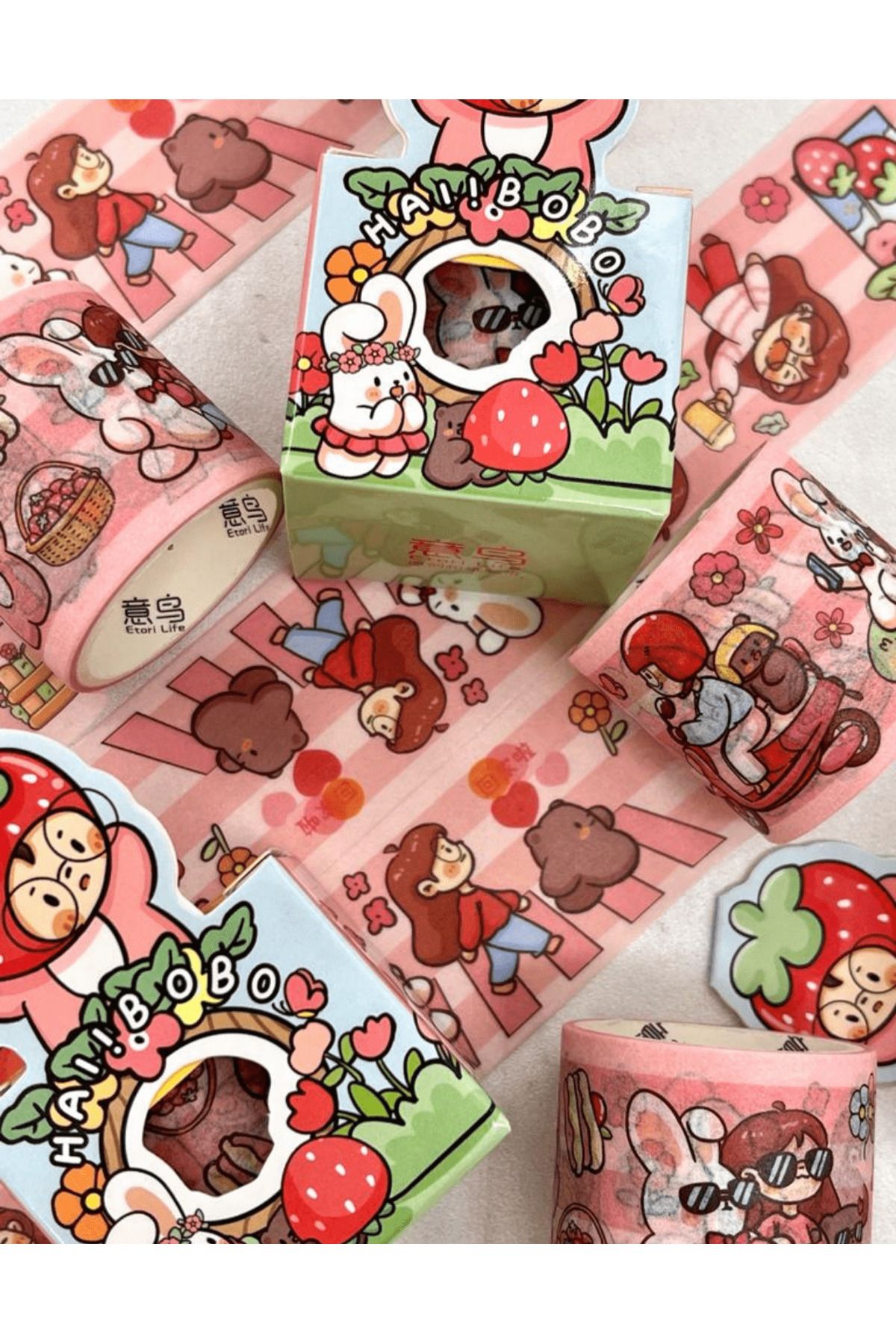 TikiTi Store Bobo ve Sevimli Arkadaşları 2 Metre Yeşil Kutu Washi Bant Süsleme Bandı Sticker Çıkartma Etiket