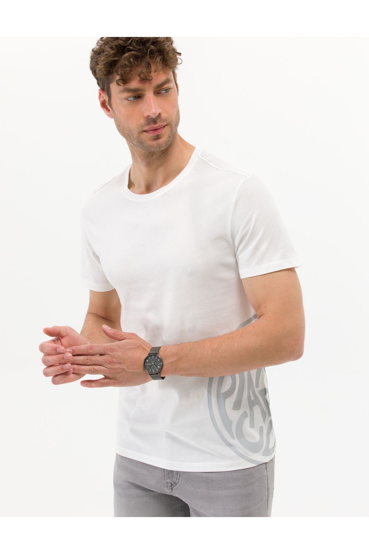Pierre Cardin Ekru Slim Fit Baskılı Bisiklet Yaka Tişört 50264193-VR019