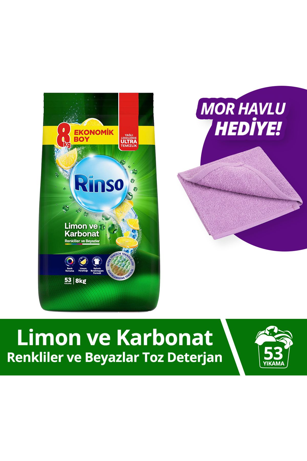 Rinso Toz Çamaşır Deterjanı Renkliler Ve Beyazlar Için Limon Ve Karbonat 8 Kg X1 Havlu Hediye