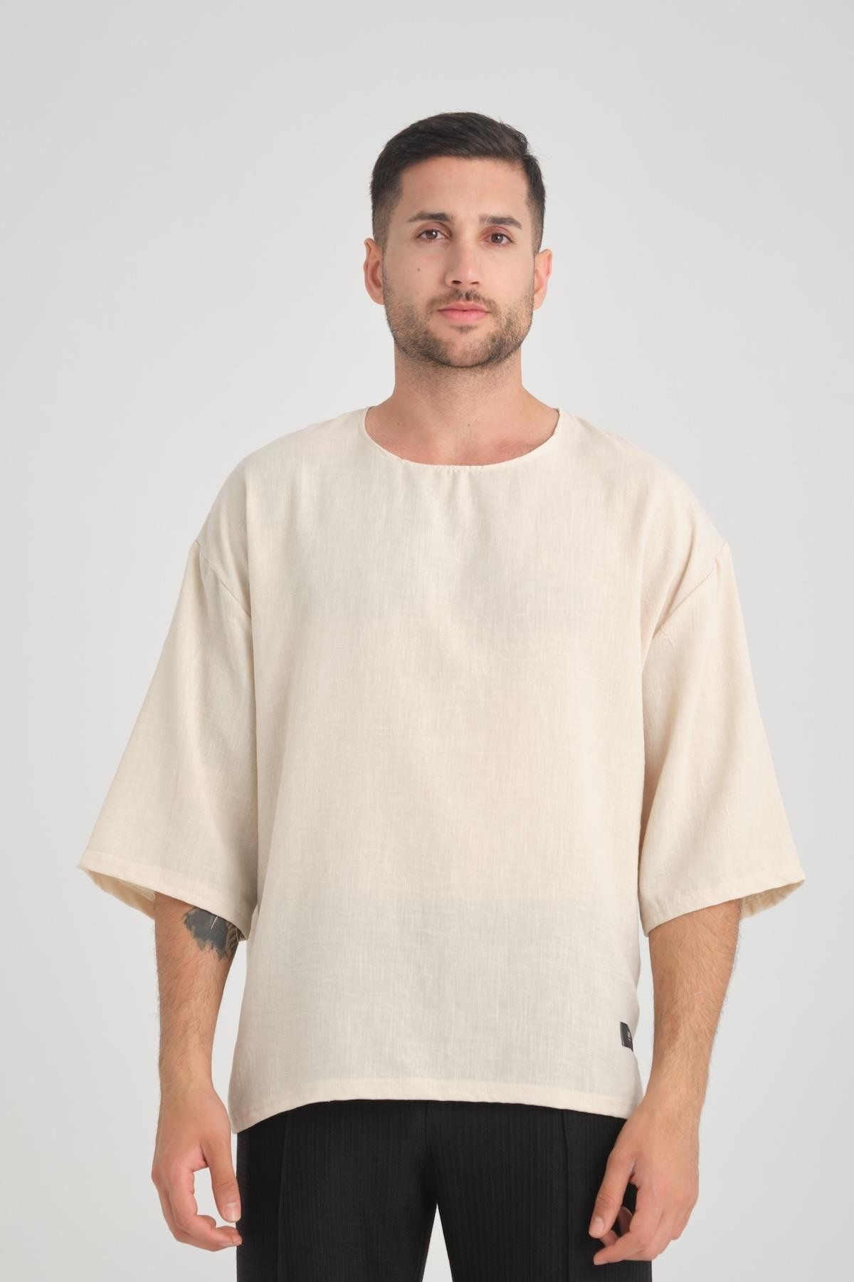 Valiberta Bisiklet Yaka Fakir Kol Oversize Kısa Kol T-shirt - Bej