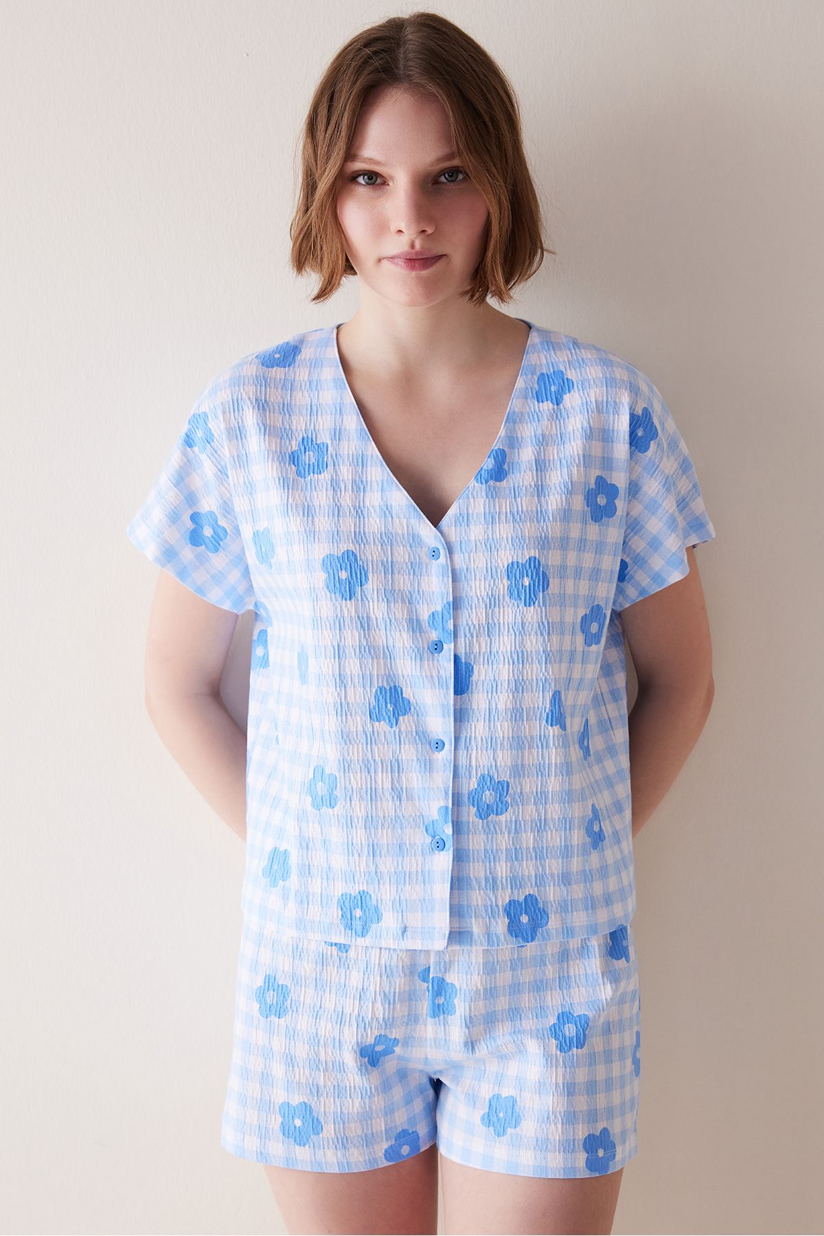 Penti Base Gingham Düğmeli Gömlek Şort Pijama Takımı